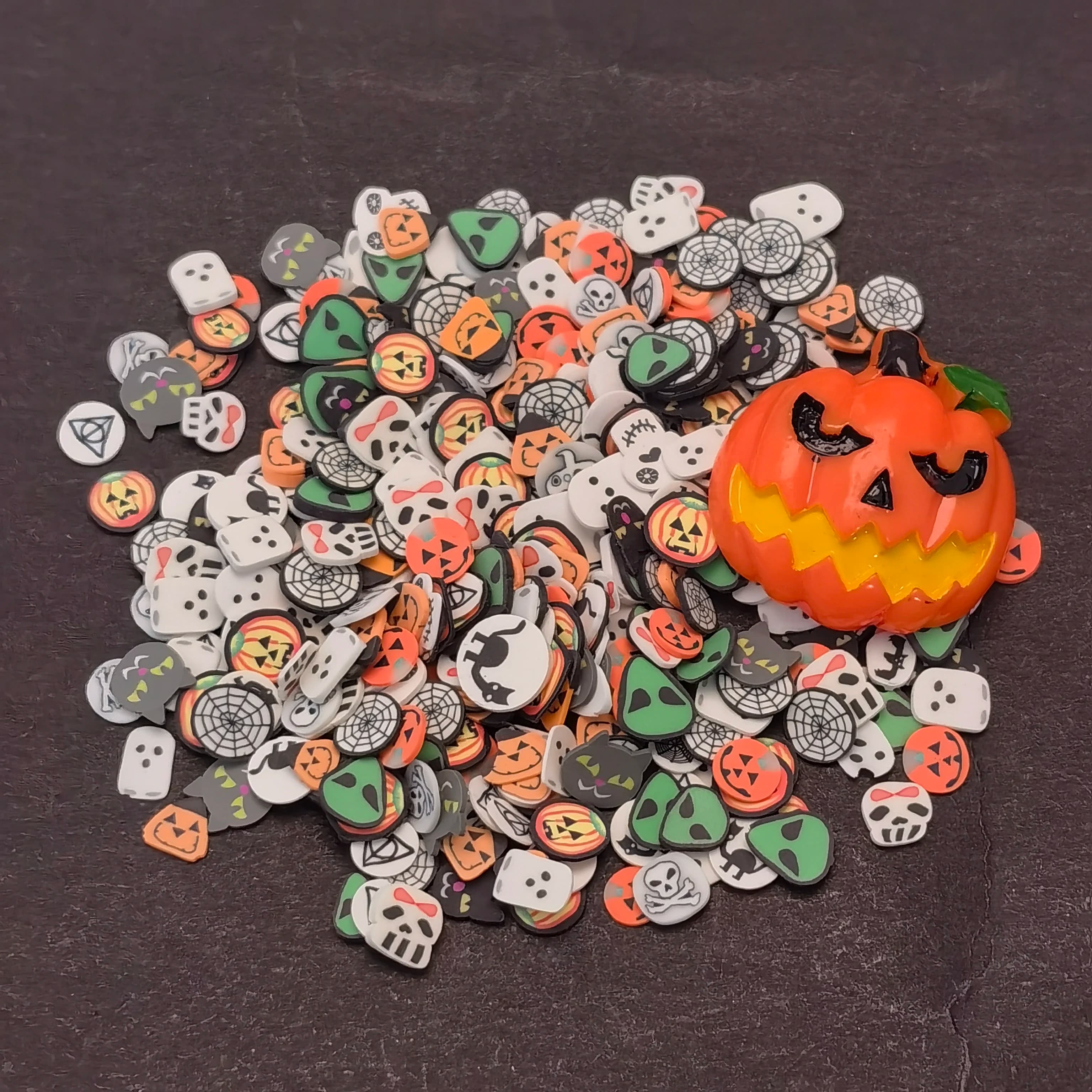 Fette di melma di Halloween Argilla polimerica Zucca spruzza Artigianato Agitatore per unghie Decorazione di carte Accessori per riempire fango di cristallo fai-da-te