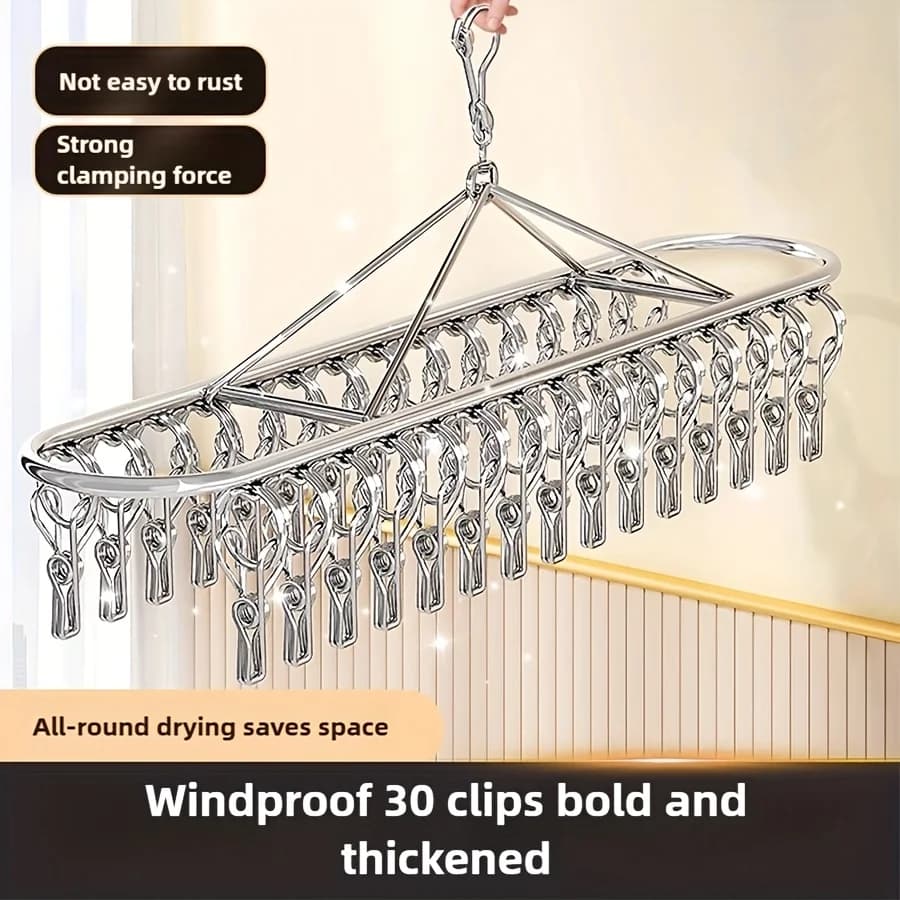 10/20/30 clips Windproof Stainless Steel Sock Hanger Clips Circular Laundry Drying Rack for Balcony Multi-Clip Garment Holder