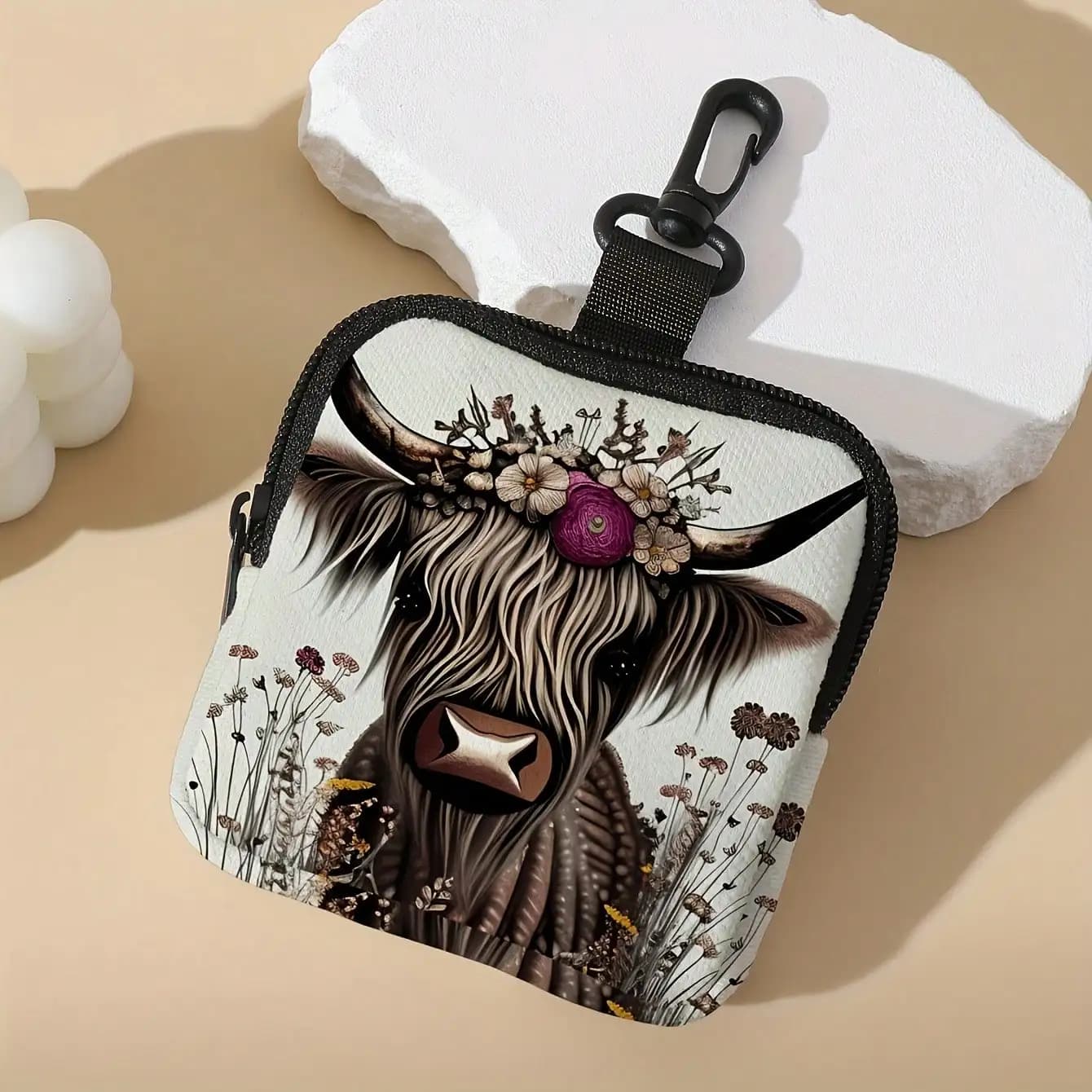 Chic Highland Cow Print Large Capacity Faux Leather Wallet - Waterproof, Multi-Function With Zippered Coin Purse, Key & Card Holder, And Wireless Earbud Storage