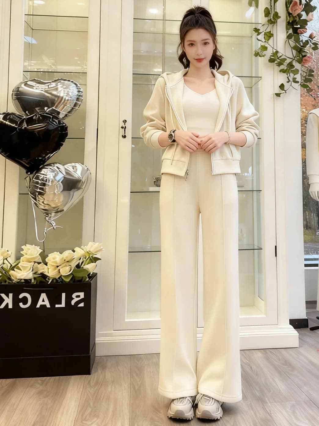 Winter Casual Sportswear Set Women's Fashionable Youthful Fleece Jacket Top Wide Leg Pants Two Piece Set Clean Minimalist
