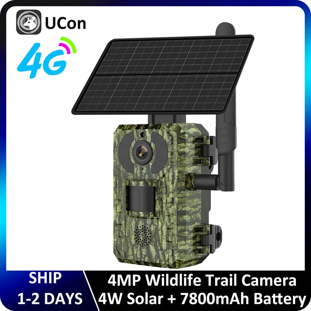 UCON APP EU Telecamera da caccia 4G 4MP 4W 7800mAh Batteria Pannello solare PIR Sensore di movimento Trigger Telecamera per la fauna selvatica Visione notturna