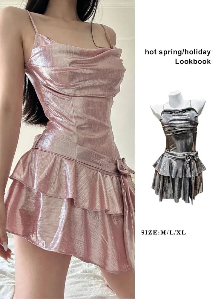 Nuovo costume da bagno intero rosa lucido per donna Elementi bikini con volant irregolari Design sexy con gonna a pieghe sottile per le vacanze al mare