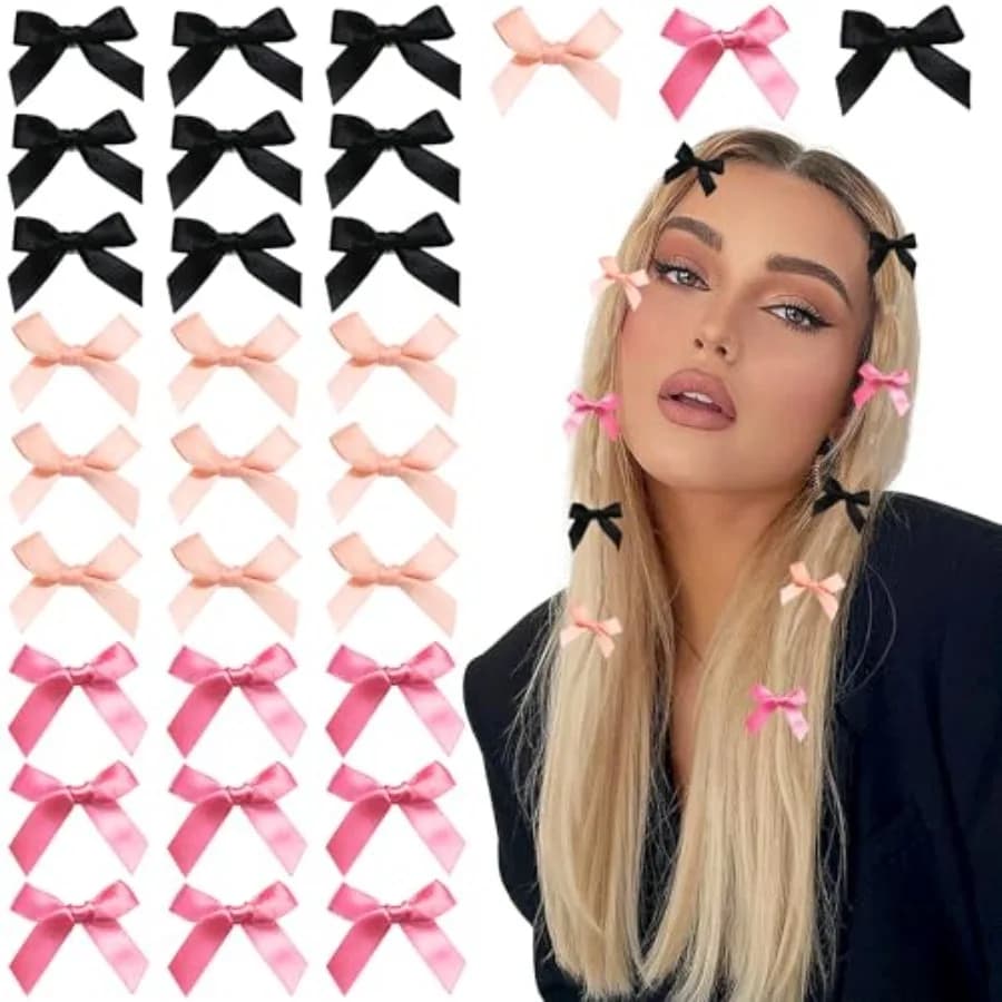 30PCS Bow Hair Clips 3 Colors Mini Hair Bows Kawaii Hair Ribbon Clips Satin Bow Hair Accessories for Women Girls