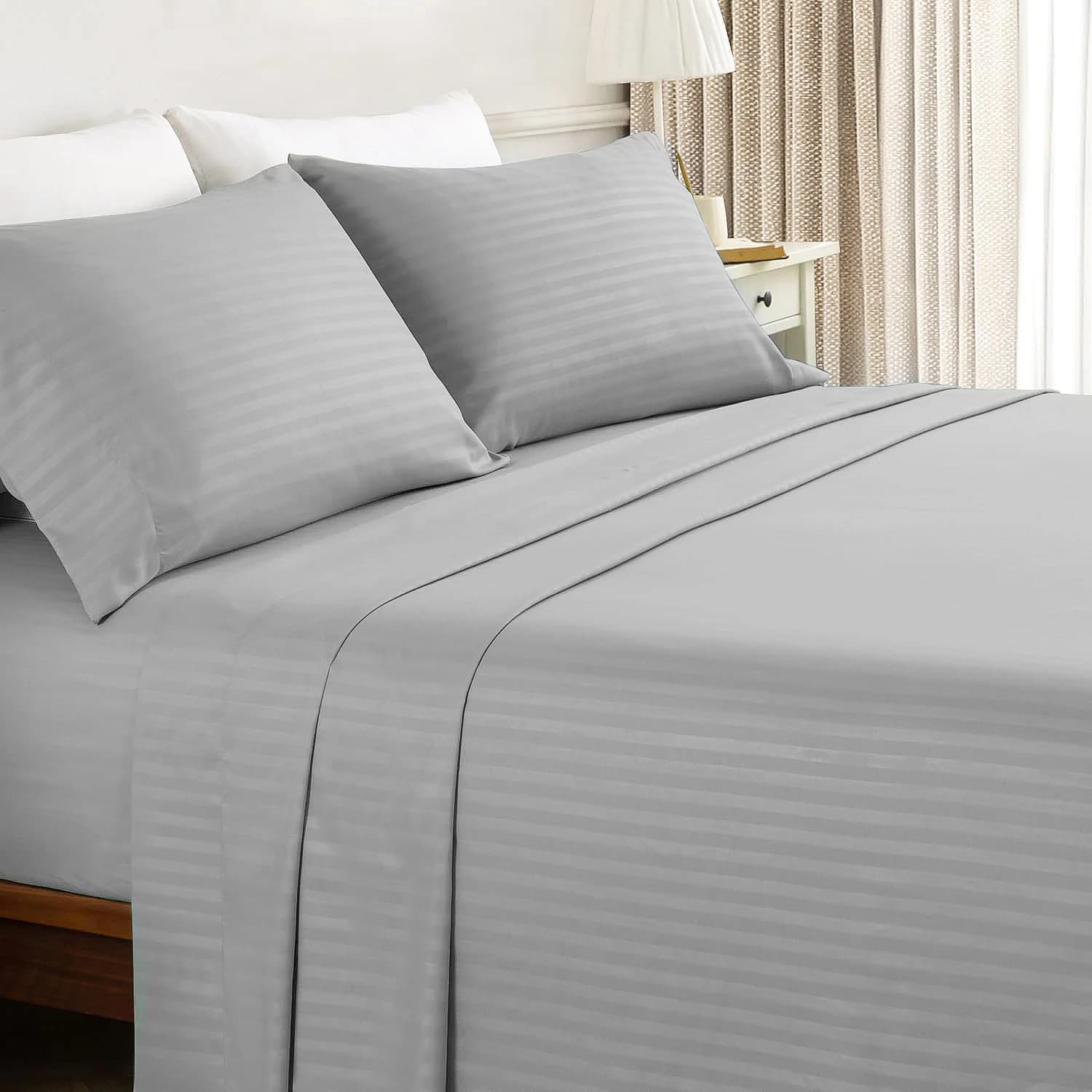 Battilo Bed Sheets 4 Pieces Set Luxury Fitted Flat Sheet with Pillowcases Solid Stripe Bedding Set For Twin Full Queen King Size