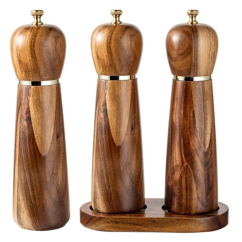Macinapepe manuale in legno di acacia, set da 8 pollici, con base, agitatore per spezie da cucina domestica, bottiglia di condimento per sale di rosa appena macinato