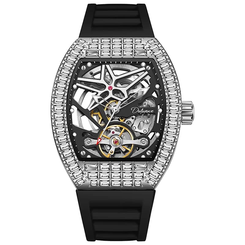 Orologi automatici di lusso da uomo Trend Diamond Tonneau Case Orologio meccanico Luminoso cinturino in silicone impermeabile Mens Reloj Hombre