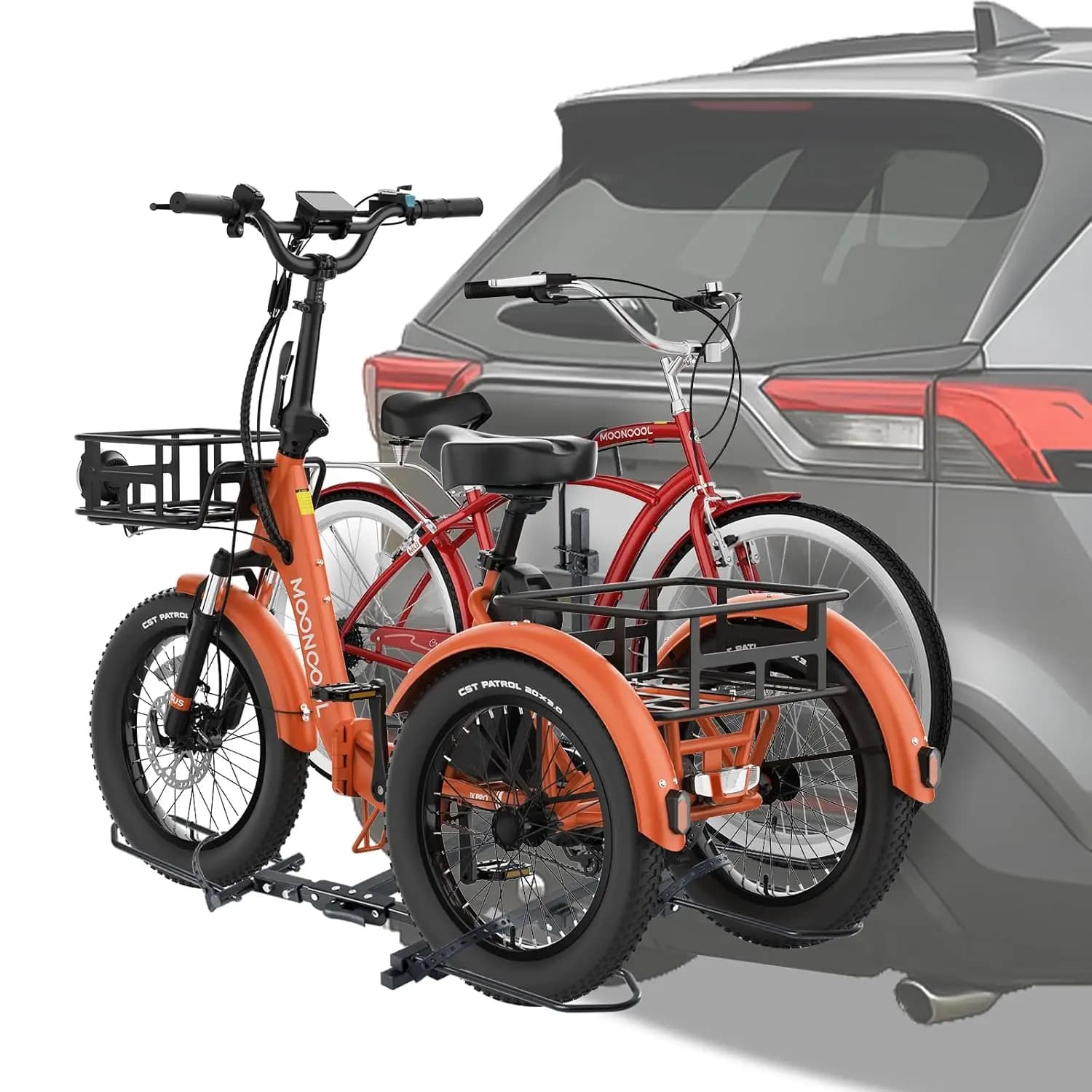 Portabici Pieghevole per Tricicli con Ruote Larghe, per SUV, Camion, Camper, Portabici Resistente per Biciclette a 3 Ruote, Adatto per Larghezza 5 Pollici, Personalizzabile