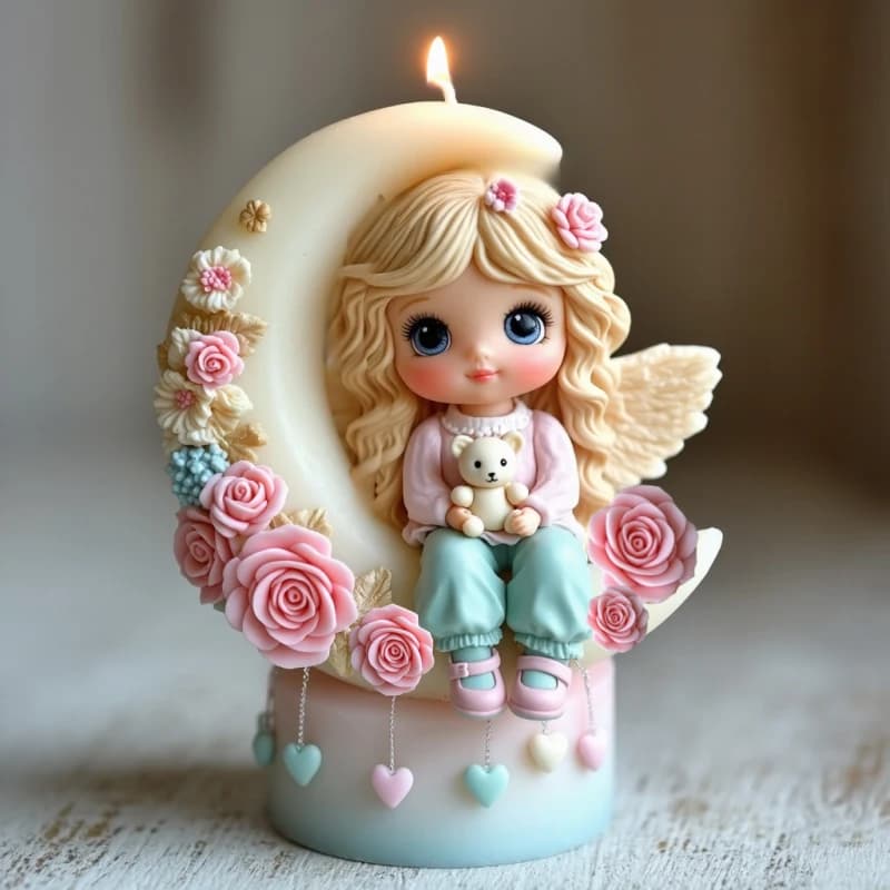 Moonlight Angel Themed Half-Moon Candle Silicone Mold Angel Holding a Bear and Rose Heart-Shaped 3D Relief Resin Mold for Aromatherapy Making