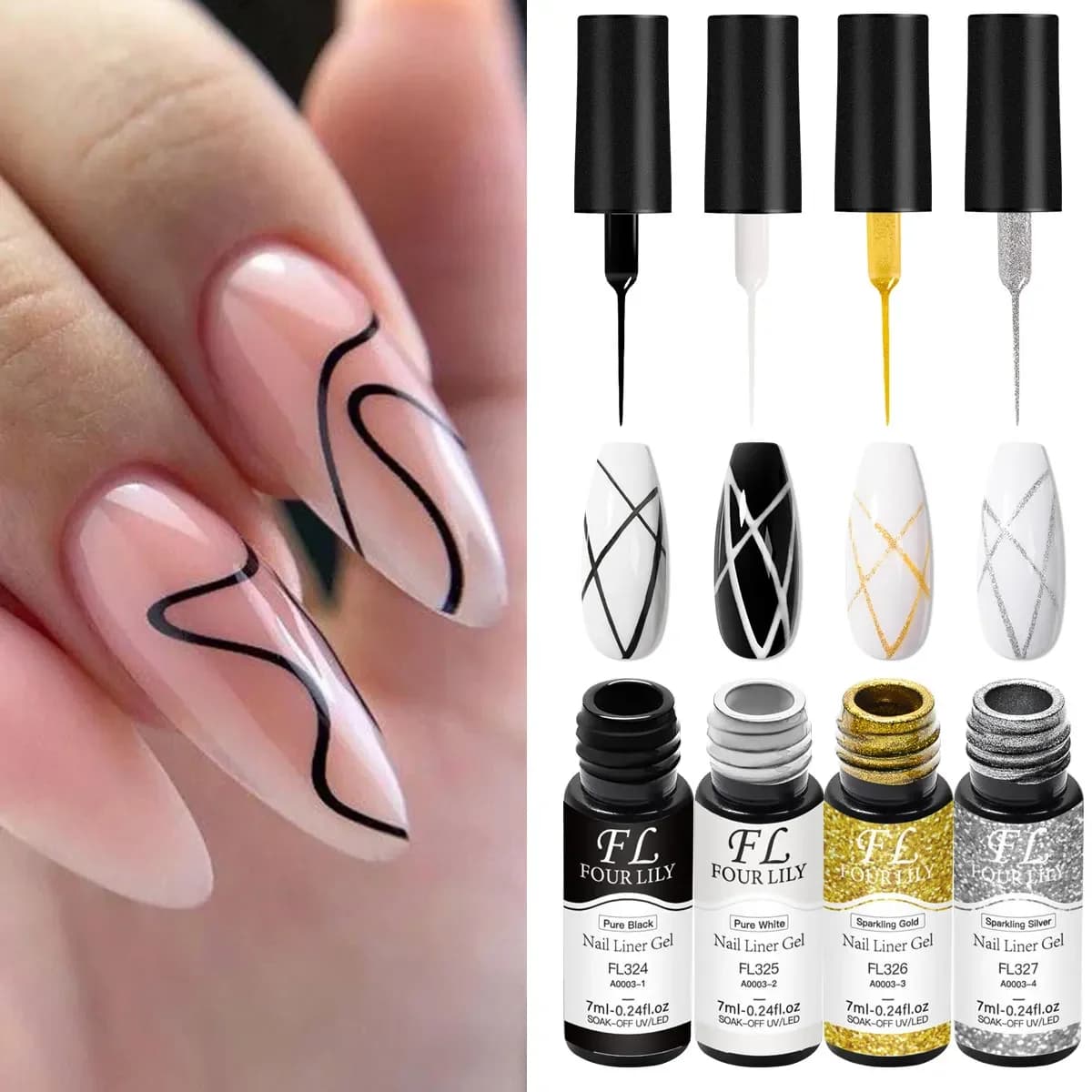 4 pz Nail Liner Gel Polish Kit Nero Bianco Oro Argento FAI DA TE Forniture Per Unghie Vernis Manicure Design UV/LED Disegno Pittura Gel Colla