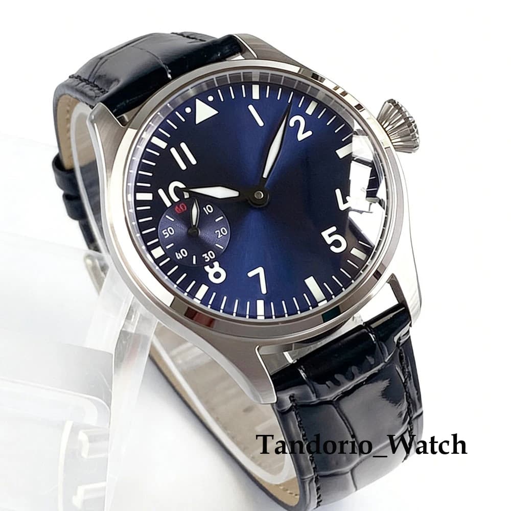 Orologio da uomo Tandorio 42mm classico blu/nero/verde con movimento meccanico a carica manuale ETA 6497, vetro zaffiro e cinturino nero