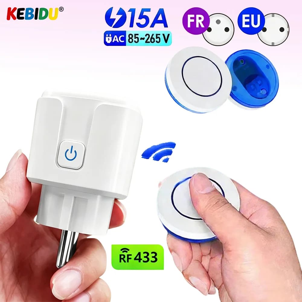 KEBIDU Presa Intelligente RF 433Mhz EU FR con Telecomando Wireless 15A 220V, Mini Presa Elettrica Rotonda per Elettrodomestici