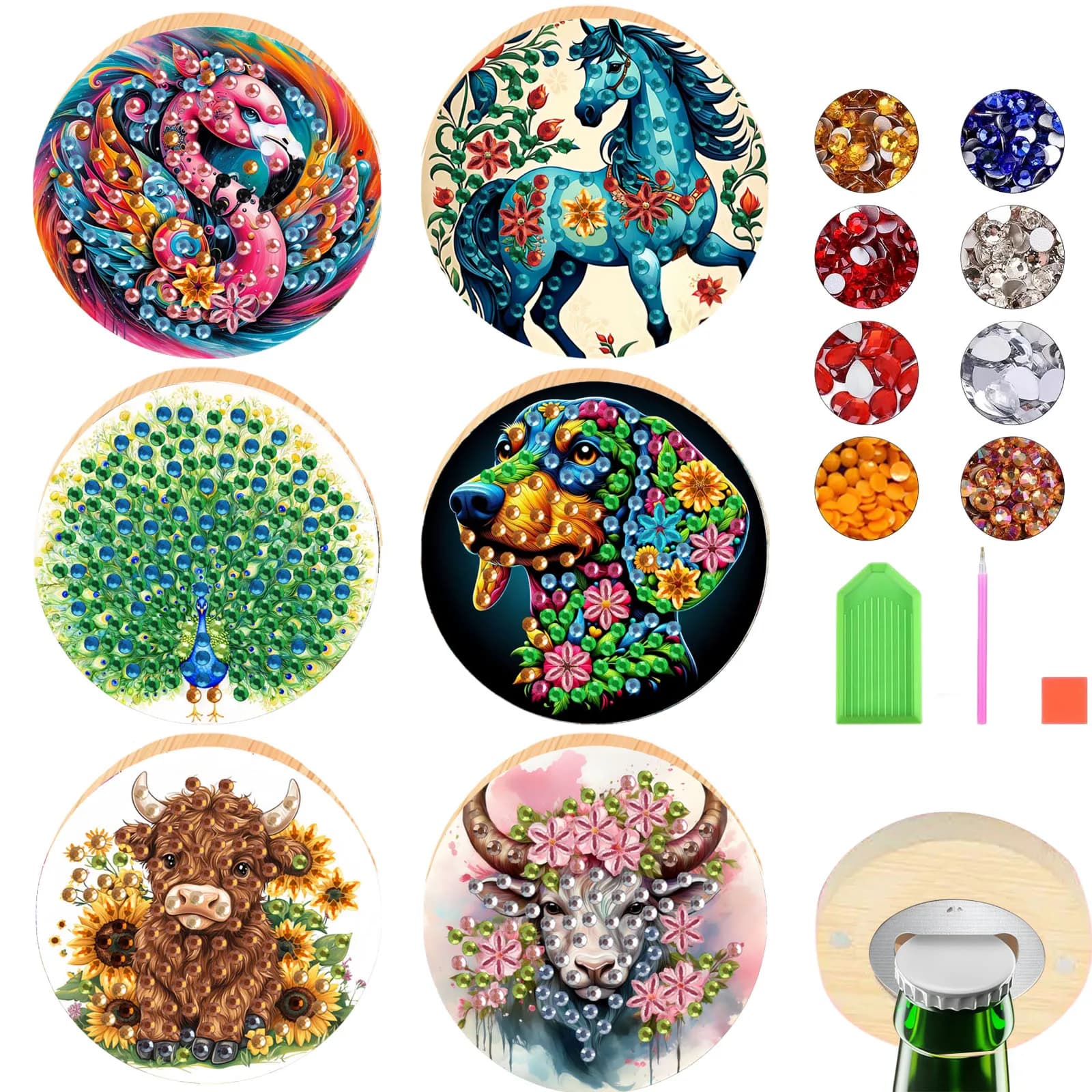 1 set di pittura diamante 5D in stile animale apribottiglie, abbellimento di pietre preziose artificiali di cristallo rotondo fai-da-te realizzato a mano