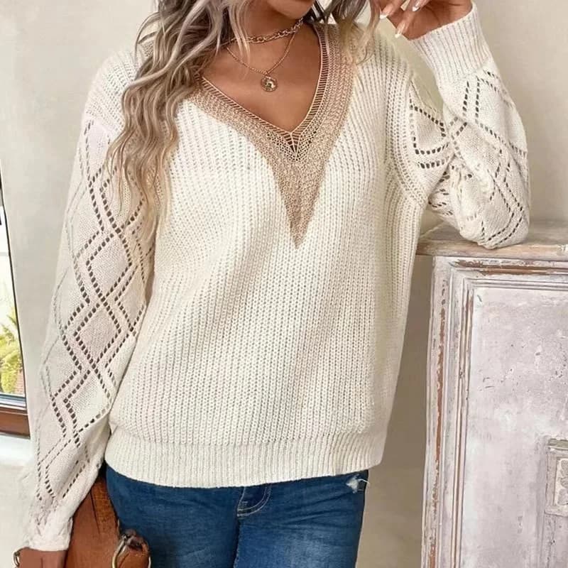 V-necked Casual Sweater and Lace Edge, Knife, Long Sleeves, Regular Thickness, Unit Tint, Women's Casual Style