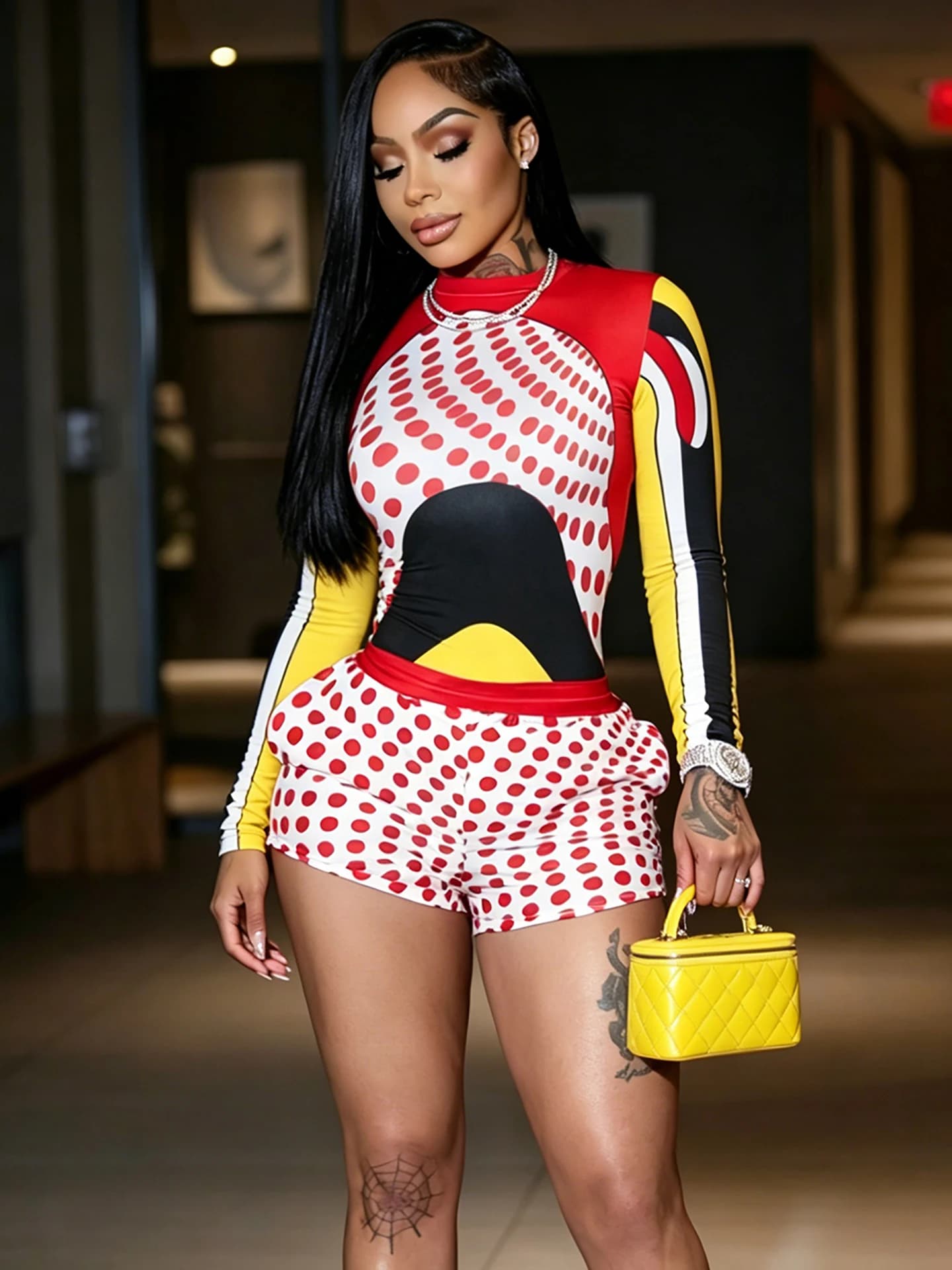 Weird Puss Trend Colorful Print 2 Piece Set Women Sexy O-Neck Full Sleeve Patchwork T-Shirt+Polka Dot Bike Short Chic Streetwear