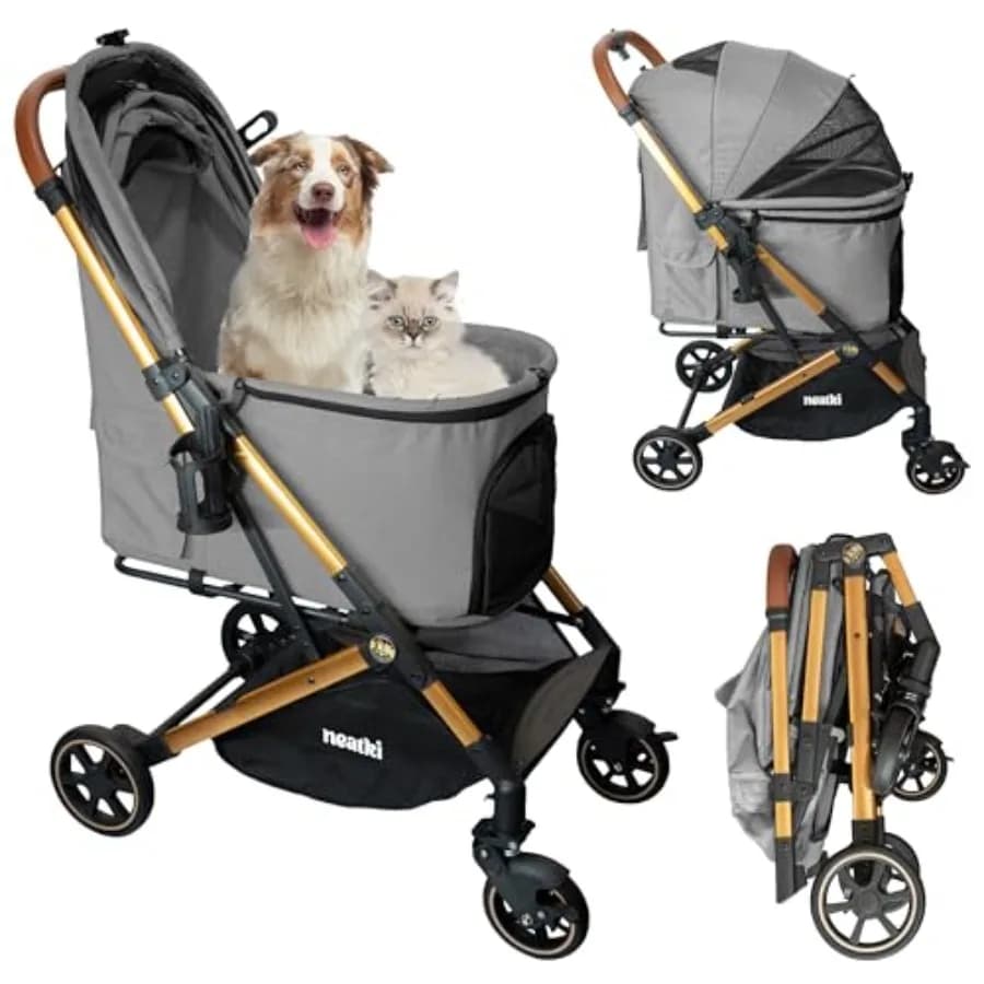 Foldable Pet Stroller for Dogs and Cats 33 lbs Capacity 360 Swivel Front Wheels One-Click Fold Leash Lock Clips Removable Washa