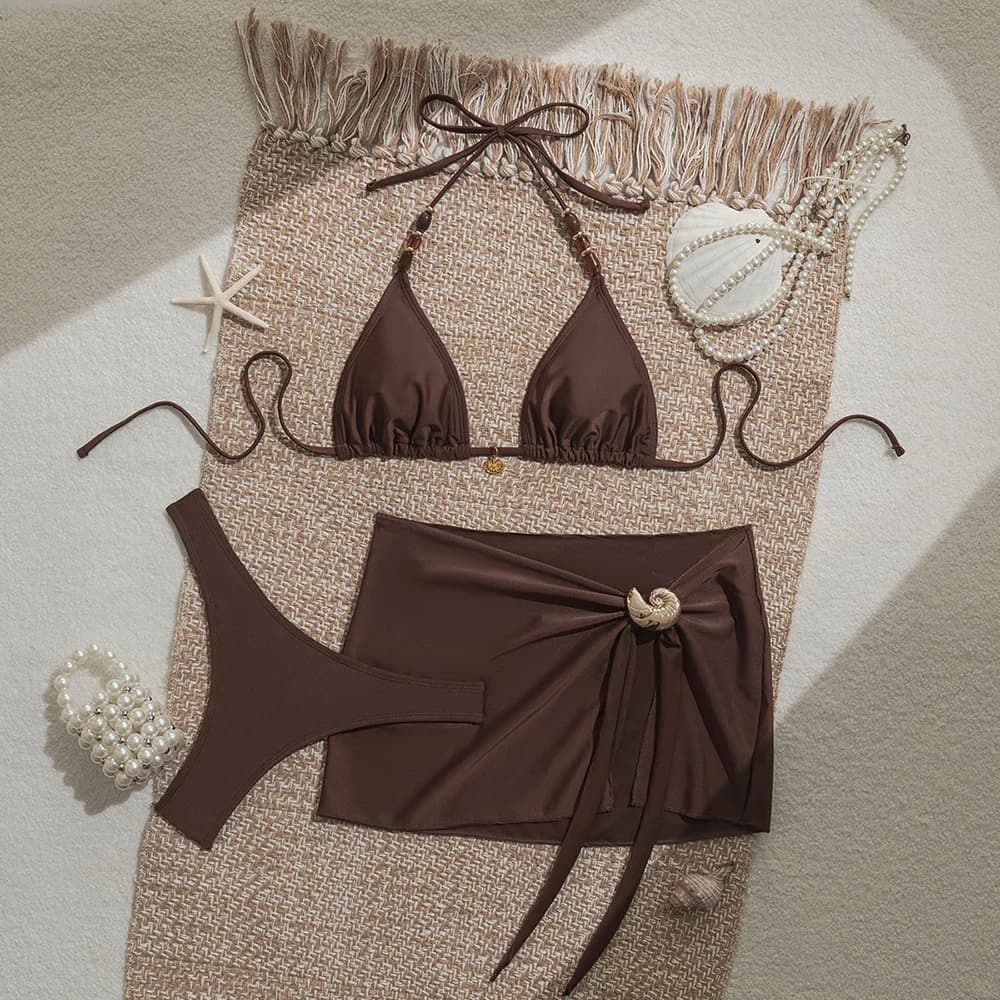 Dark Brown Bead String Halter Triangle Bikini Sets for Woman 3 Piece with Cover Up Swimsuit Metal Conch Swimwear 2026 Bikinis