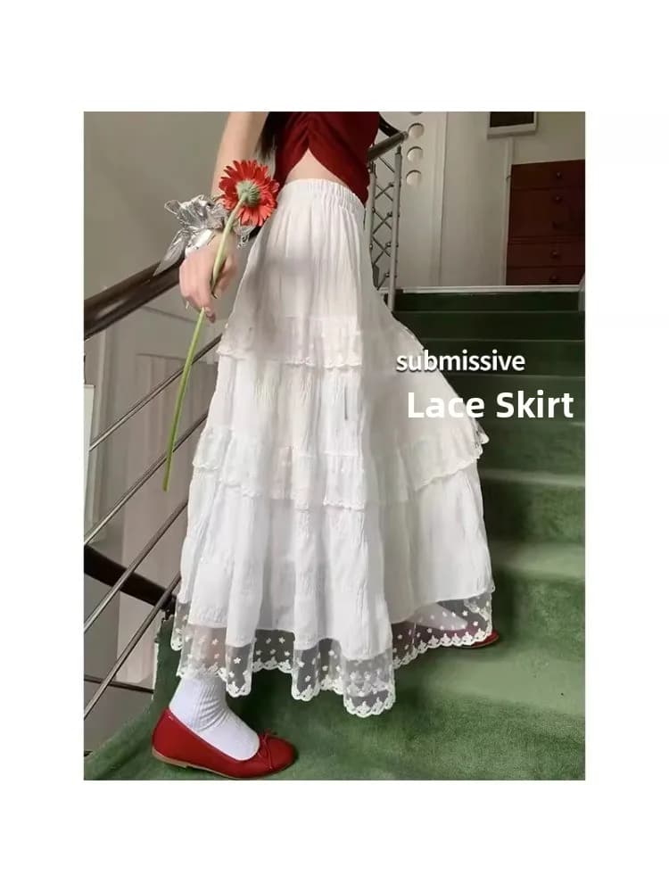 High Waist A-Line Midi Skirt with Lace Trim Splicing for plus Size Women Spring Summer Autumn Casual Straight Cut Long Skirt