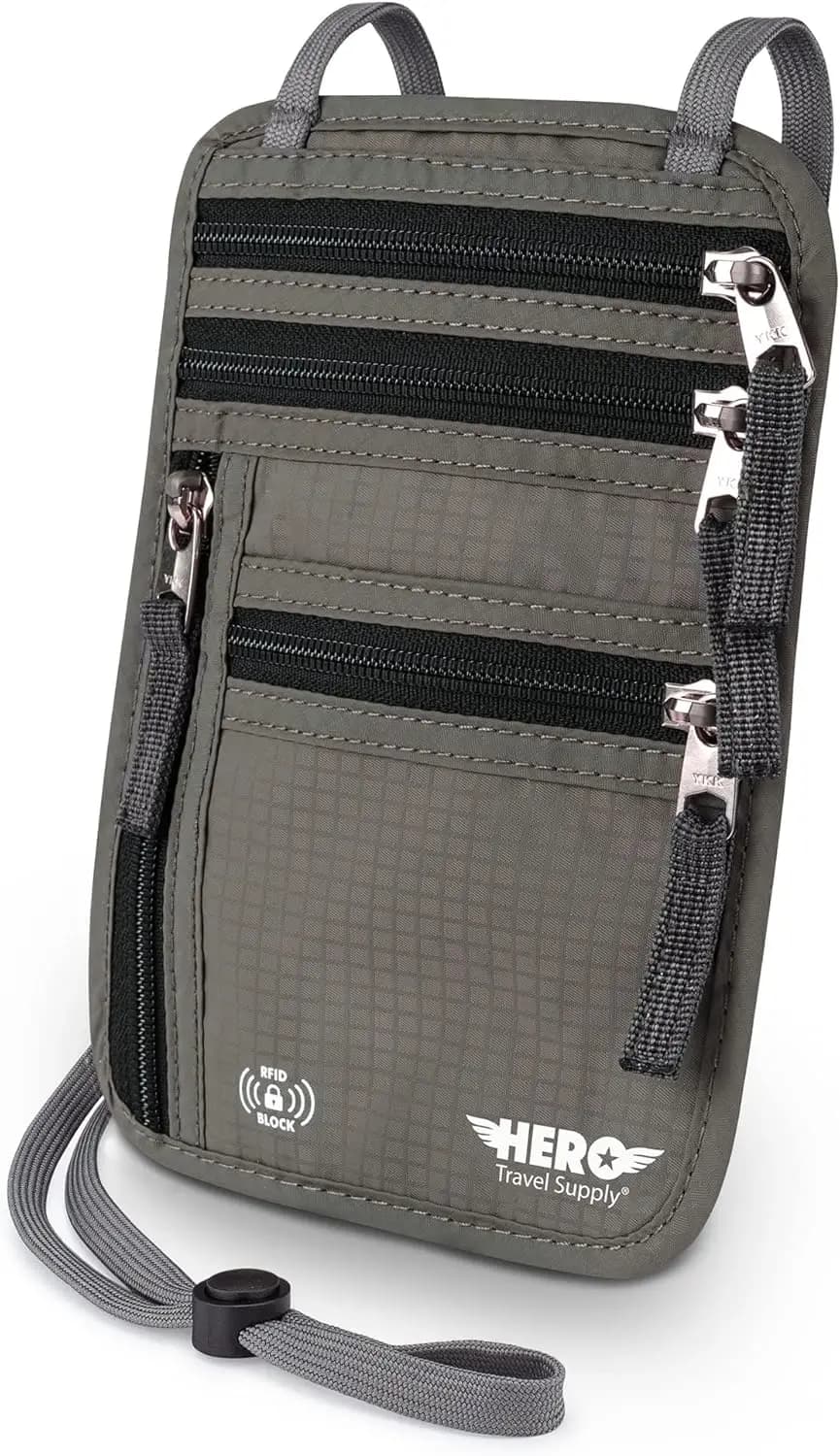 Portafoglio da Collo con Protezione RFID - Porta Passaporto Nascosto per Viaggi Sicuri (Grigio Militare)