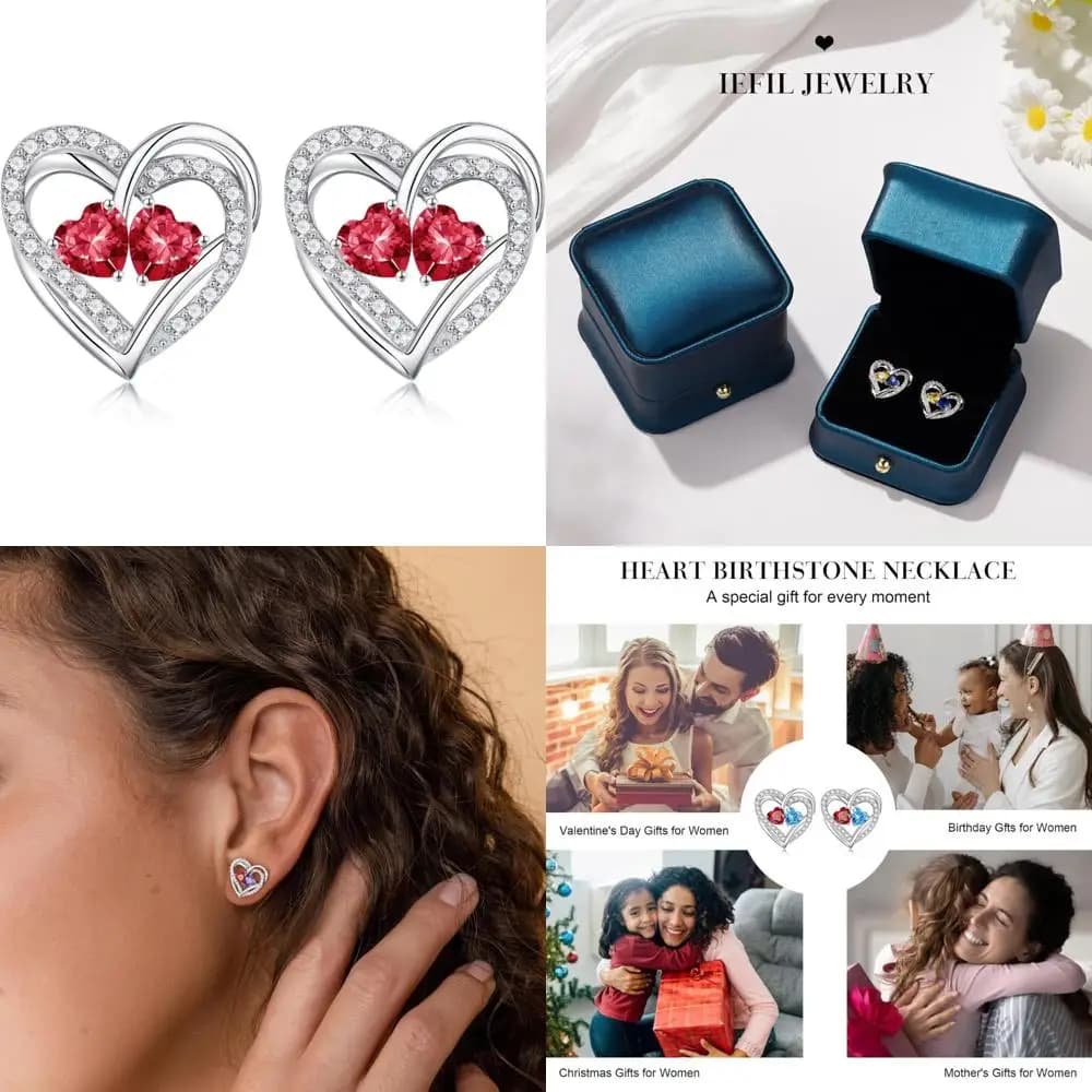 Earrings with double stone charm in sterling silver, heart shaped studs, birthday gifts for women, celebrate special occasion