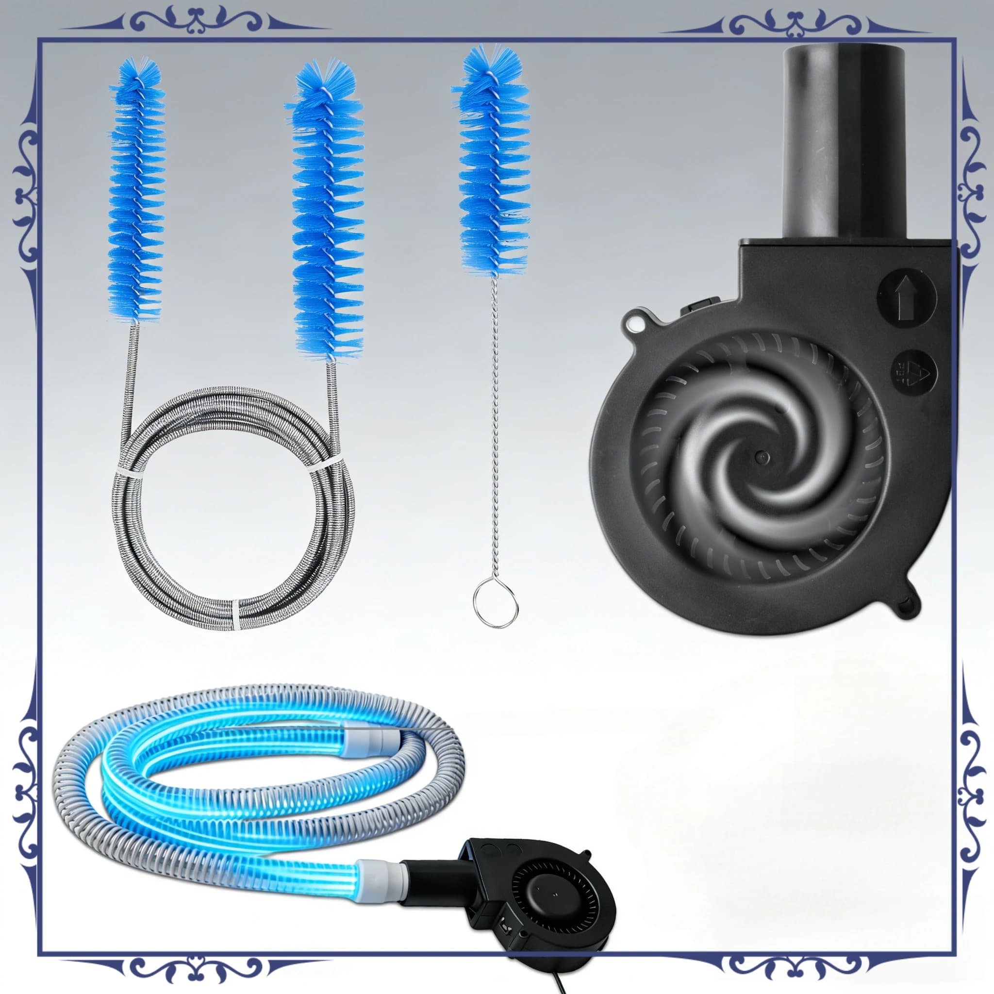 Spazzola per la pulizia di tubi CPAP, diametro 15mm 19mm, con doppia testa, fornita con ventilatore per asciugatura e pulizia di tubi e condotti.
