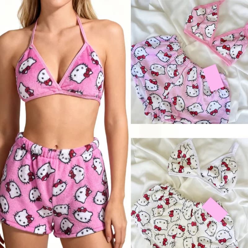 Women's swimsuit in two pieces with Hello Kitty pattern, comfortable and elegant for summer parties on the beach. Women's swimsuit set.