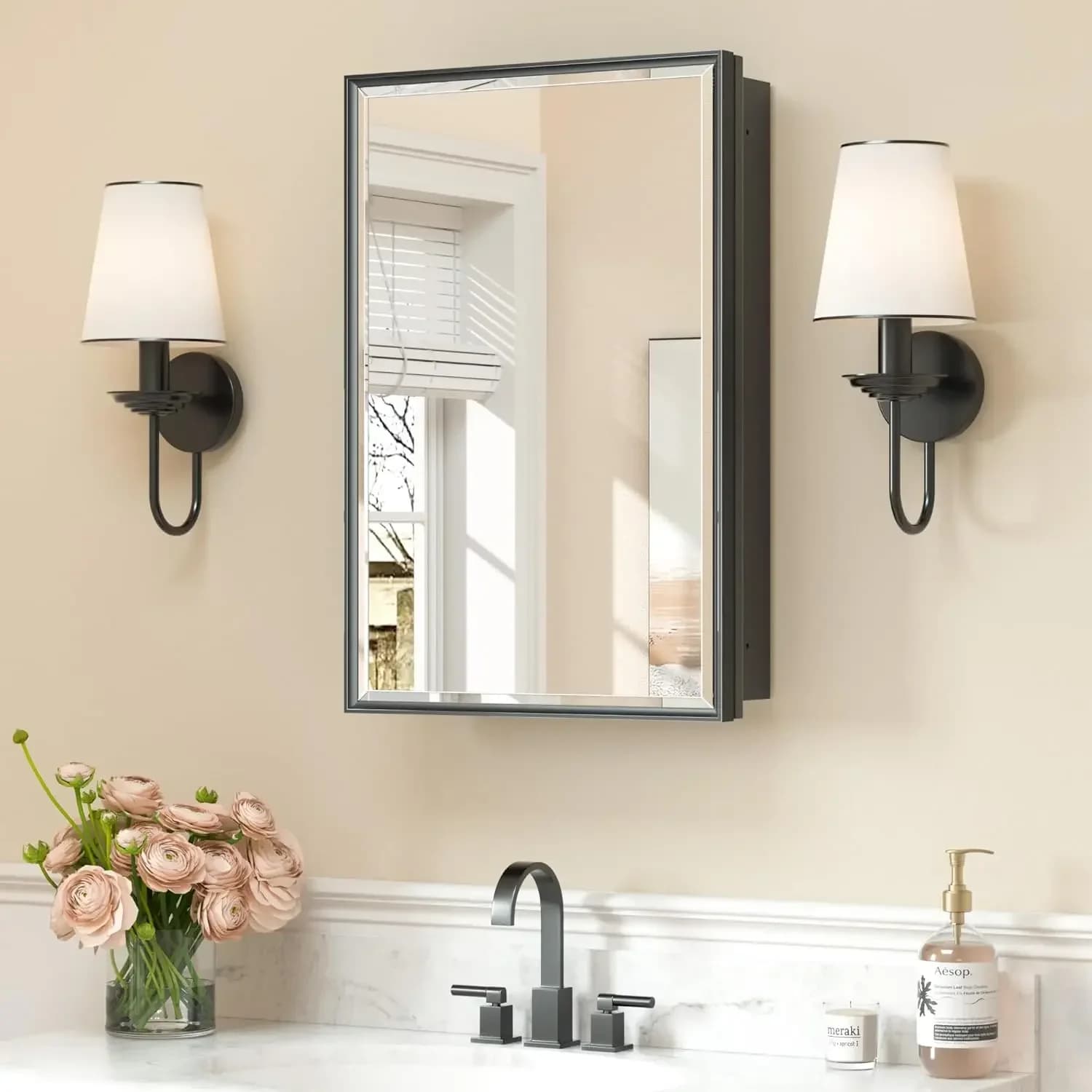 Armadietti per medicinali neri da 16 x 24 pollici per bagno con specchio da incasso o a parete, con cornice in lega di alluminio e specchio bisellato