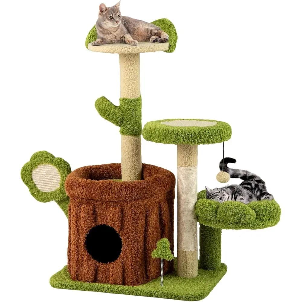 Cute Cat Tree Green Aesthetic Tower with Sisal Scratching Posts & Board, Trunk Condo, Lower Perch, Plush Napping Bed, Pompom, Sp