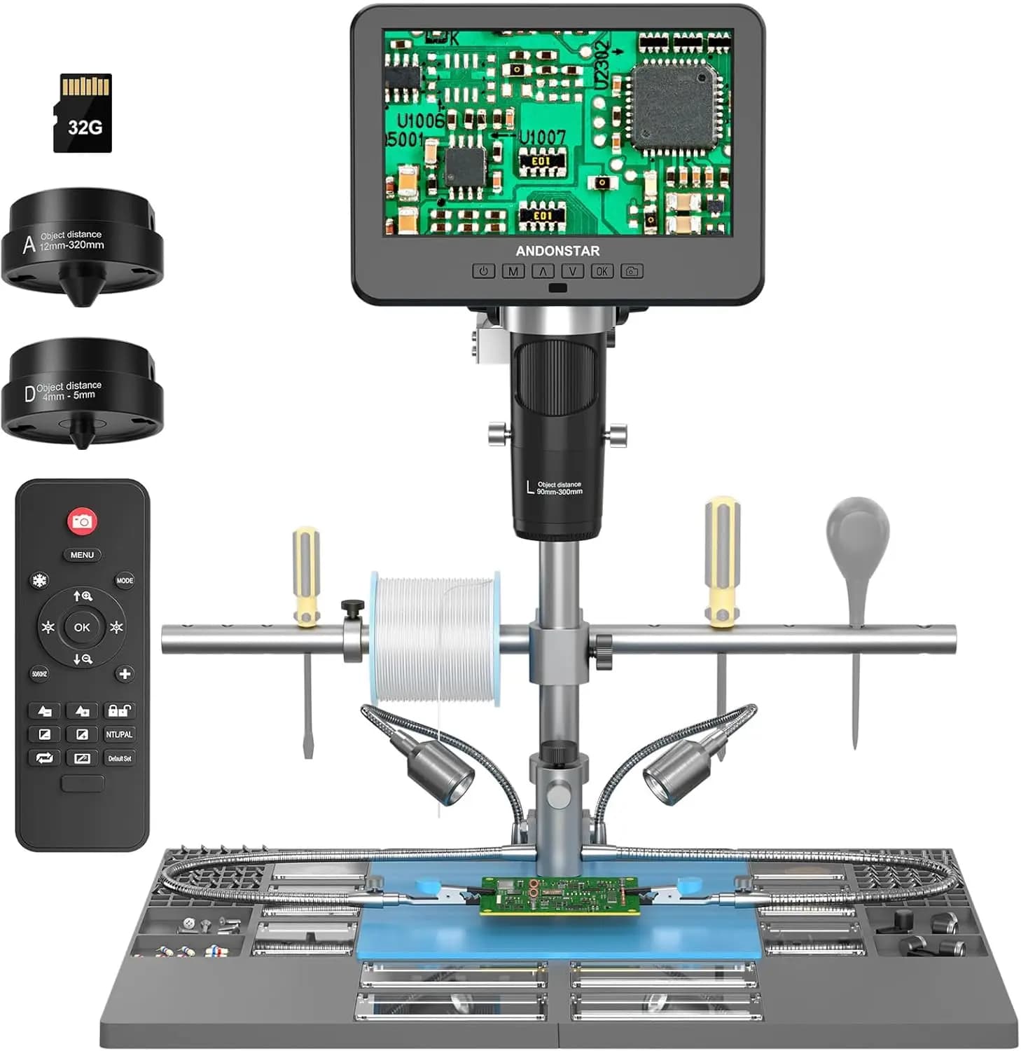 Microscopio Digitale AD246S M Plus 7 HDMI per Saldatura, 2000x, 3 Lenti, Registrazione Video UHD 2160P, con Supporto per Terze Mani