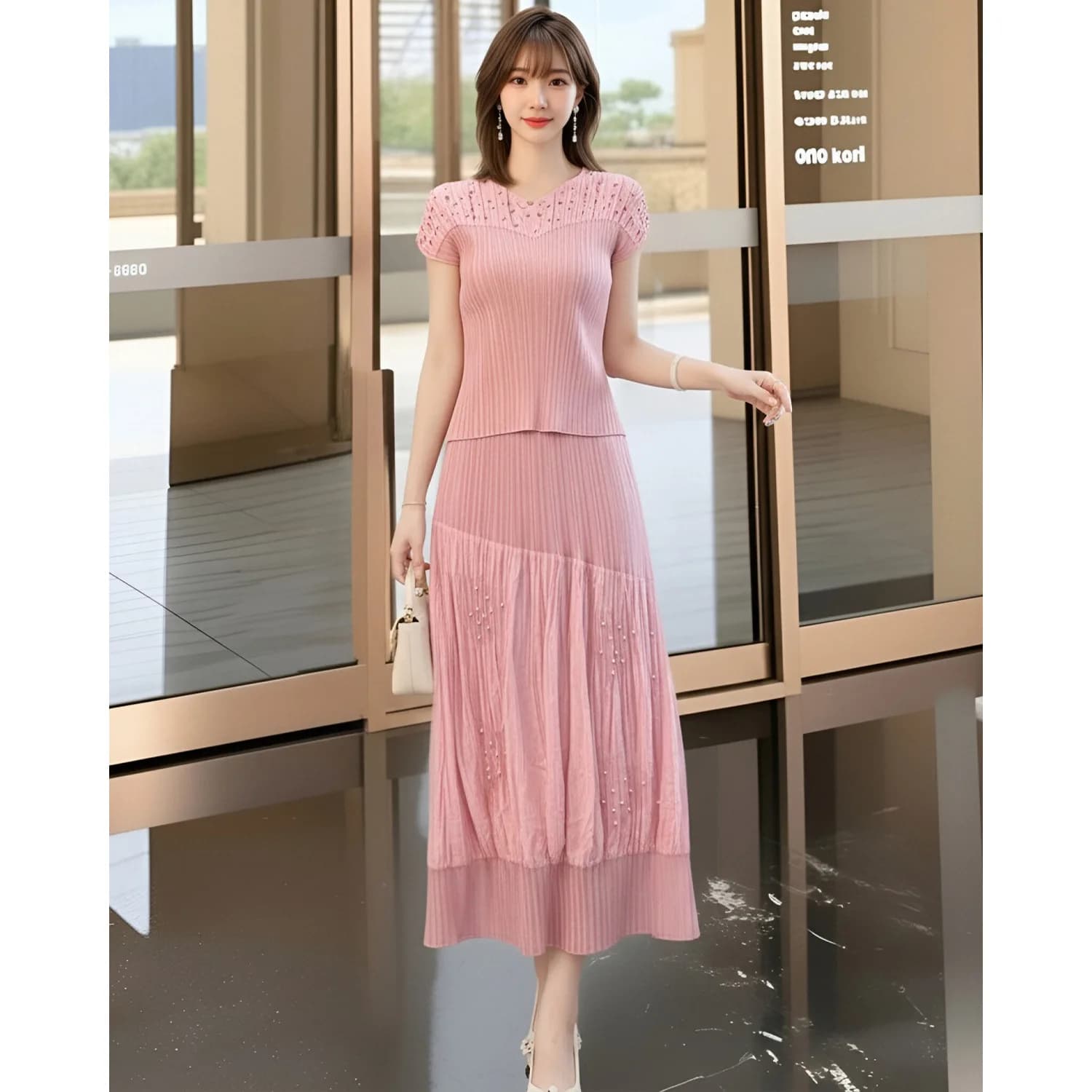 Miyake High-end Women's Pleated Set Peplum Short Sleeve T-shirt and Mermaid Skirt Casual Elegant Party Two Pieces Sets