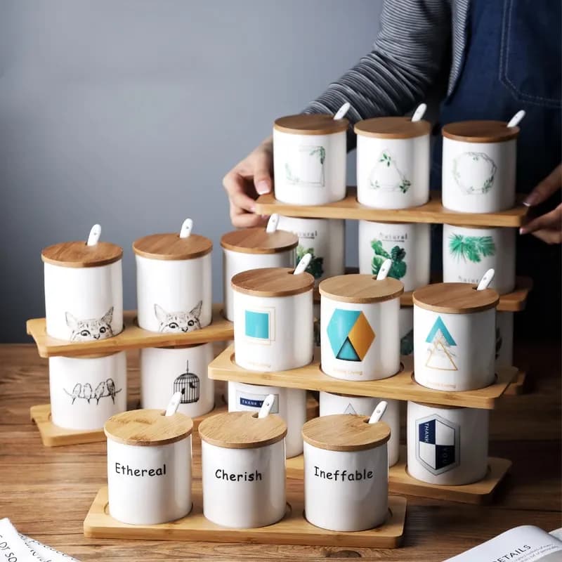 Nordic Kitchen Seasoning Storage Box Ceramics Spice Jar Three-piece Set with Wooden Pallet Home Use Seasoning Set Combination