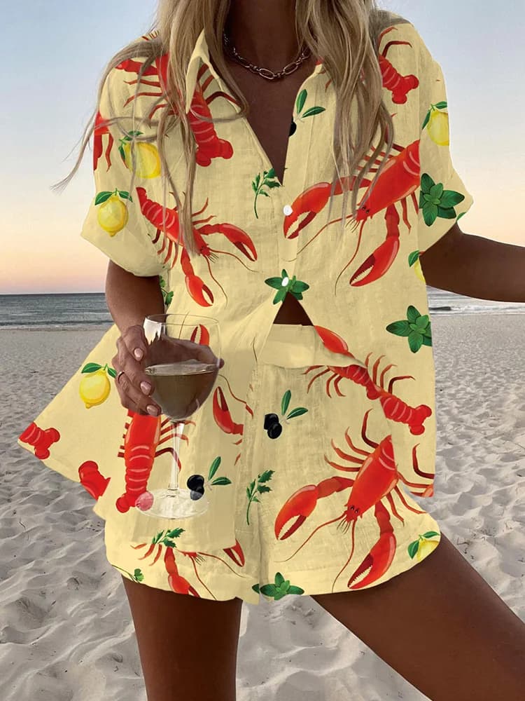 Nuovo Completo Estivo da Vacanza: Set 2 Pezzi con Camicia Casual a Collo a Revers e Pantaloncini Stampati in 3D, Stile Tropicale da Spiaggia