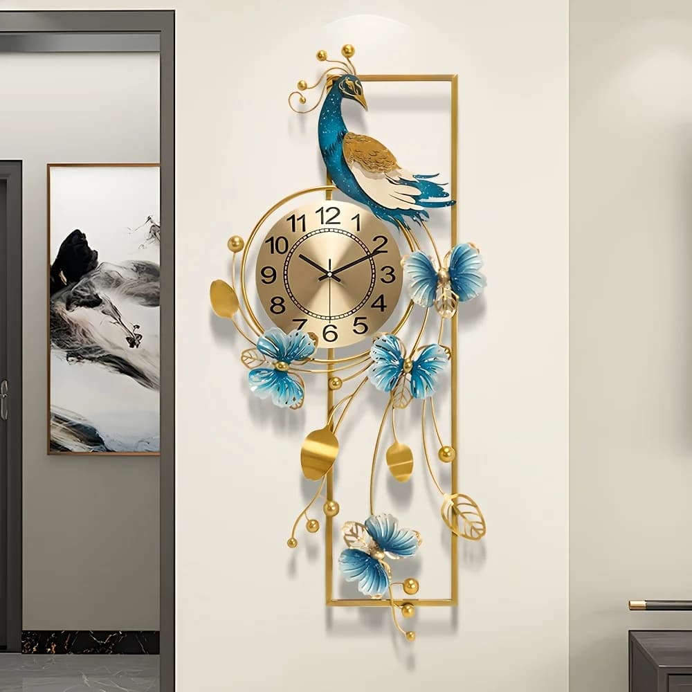 34.6-Inch Artistic Peacock & Butterfly Metal Wall Clock – Irregular Silhouette, Modern Decorative Design for Living Room, Bedroom or Covered Outdoor Space – Battery-Powered (AA Batteries Not Included)
