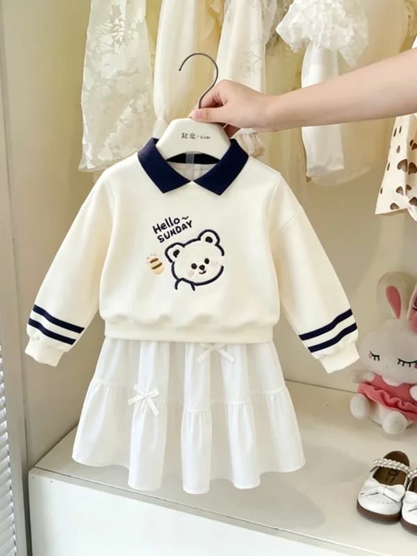 Girls' Fall College Style Cartoon Bear Print Sweatshirt Casual Skirt Set 2026 New Two-Piece Suit for Young Women