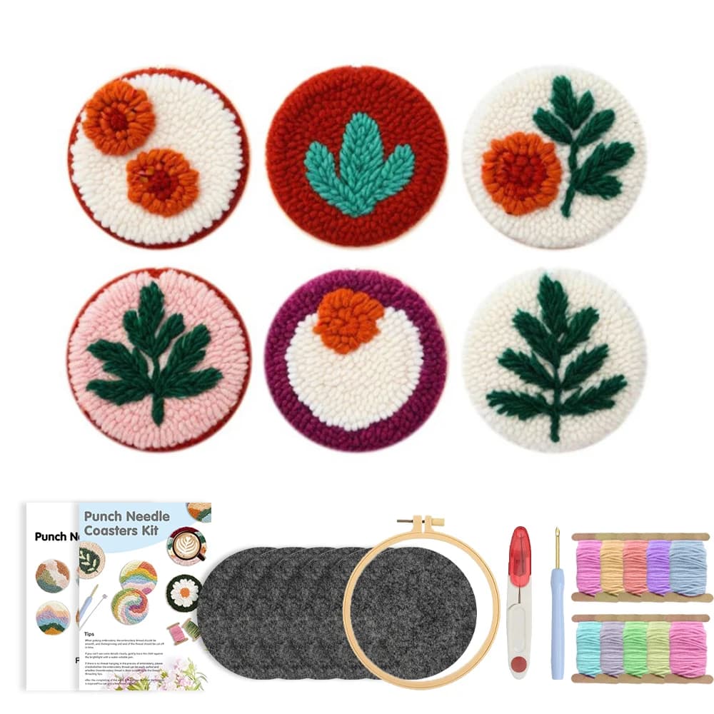 RUOPOTY 6pcs Punch Needle Coaster Embroidery Crafts Green Leaves Punch Needle Embroidery Supplies Landscape Needle Punch Kit For