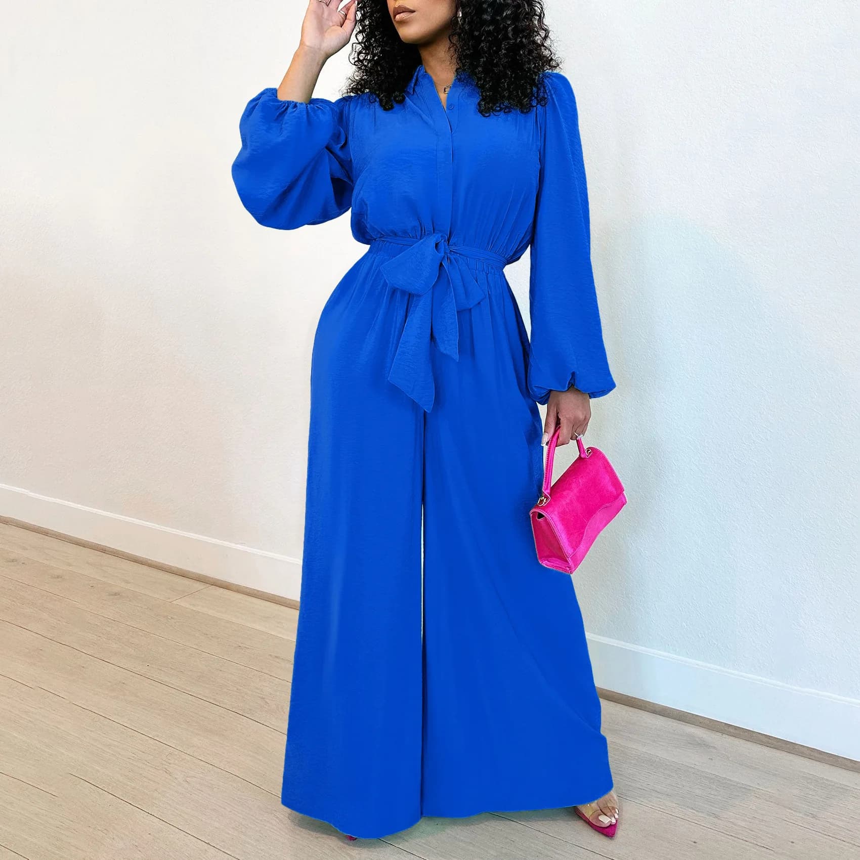 C8596 Women's New Fashion Long Sleeve Solid Color High Waist Plus Size Loose Casual Jumpsuit Vestidos Elegant Bandage