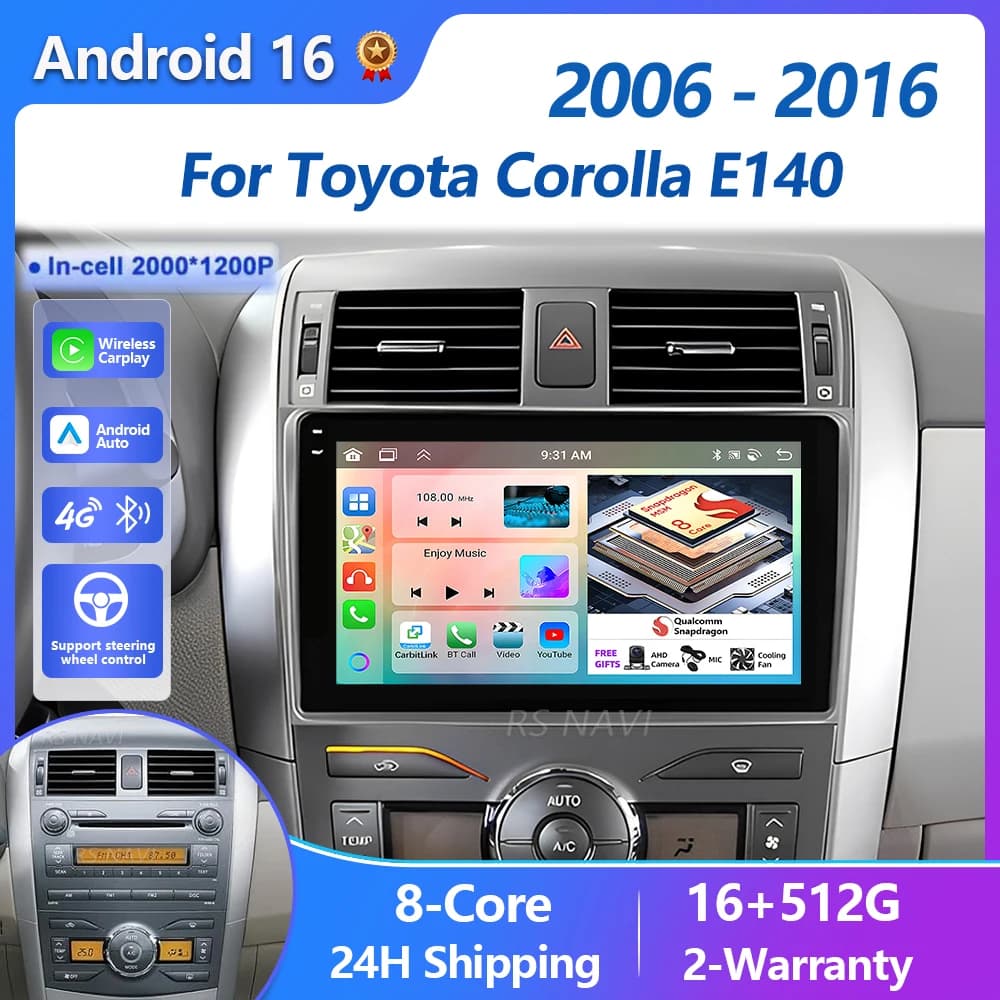 Autoradio Multimediale Plug and Play Android 15 Carplay per Toyota Corolla E140 E150 2006-2016