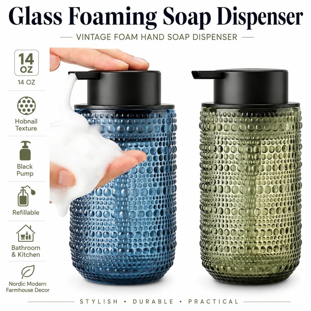 Glass Foaming Soap Dispenser Vintage Foam Hand Soap Dispenser, 14 OZ Hobnail Texture Foam Dispenser with Black Pump for Bathroom