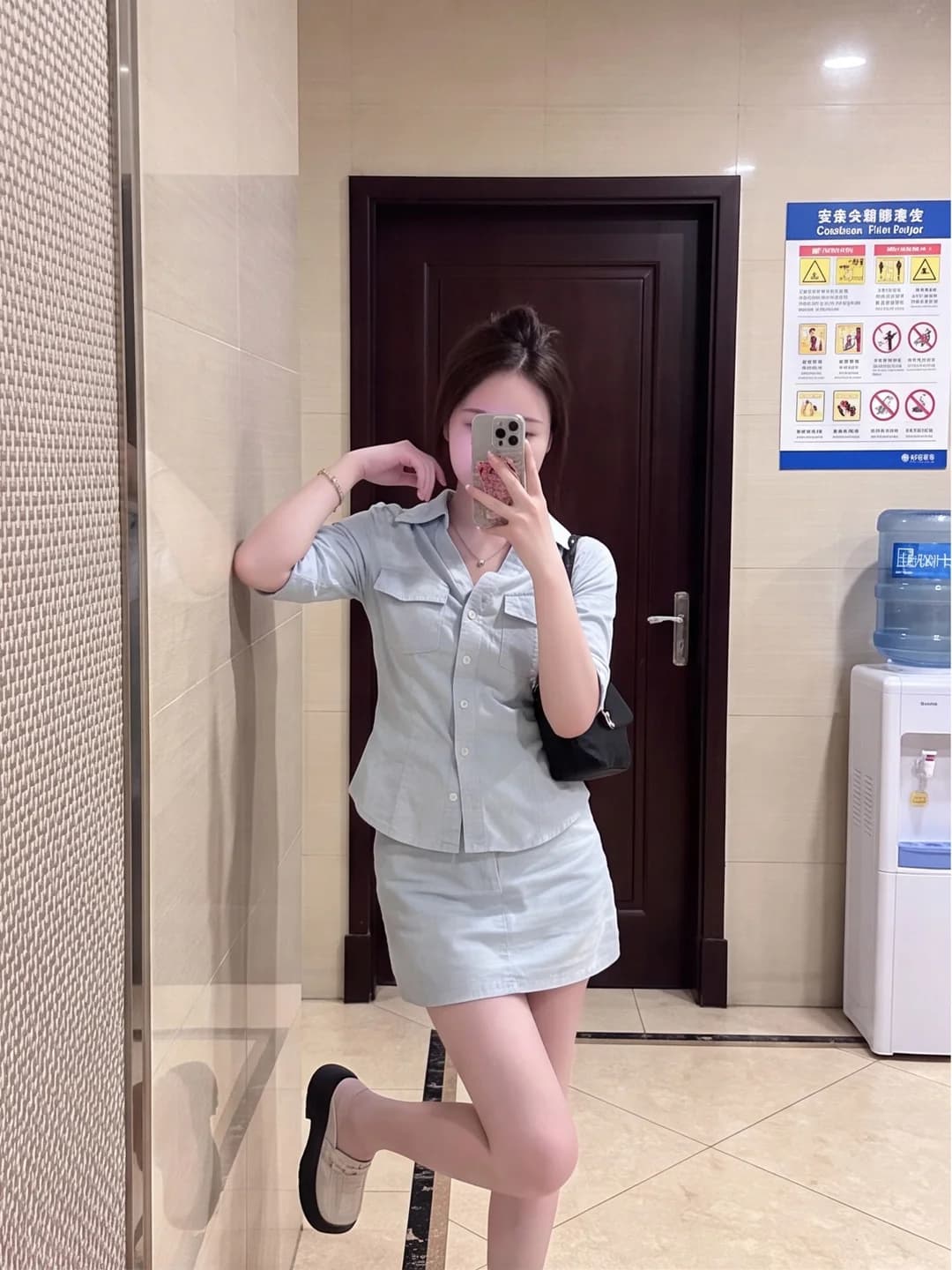 Blue Summer Slimming Casual Commute Women's Shirt Skirt Set Two-Piece Fashionable Versatile Lightweight Breathable Ensemble