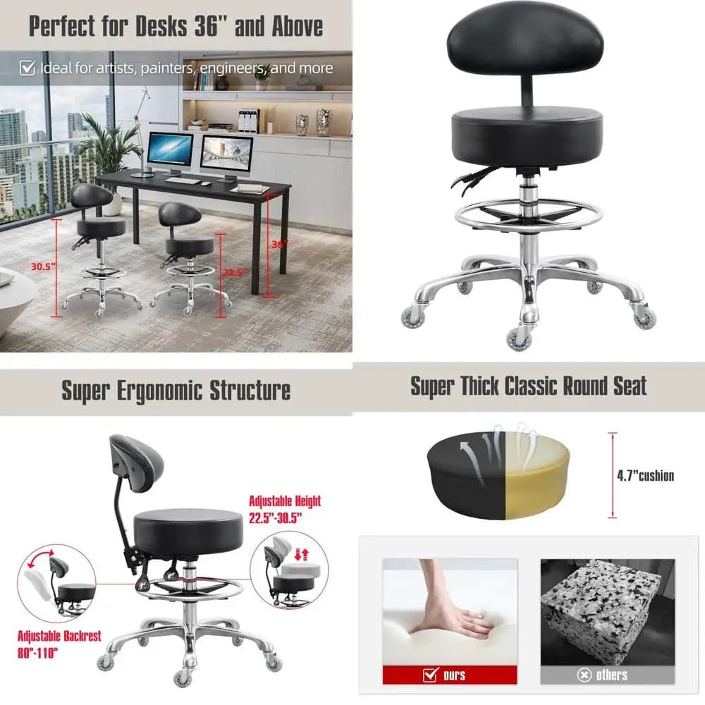 Sgabello Girevole Ergonomico con Grande Cuscino e Schienale per Officina, Studio, Ufficio e Casa (Nero)