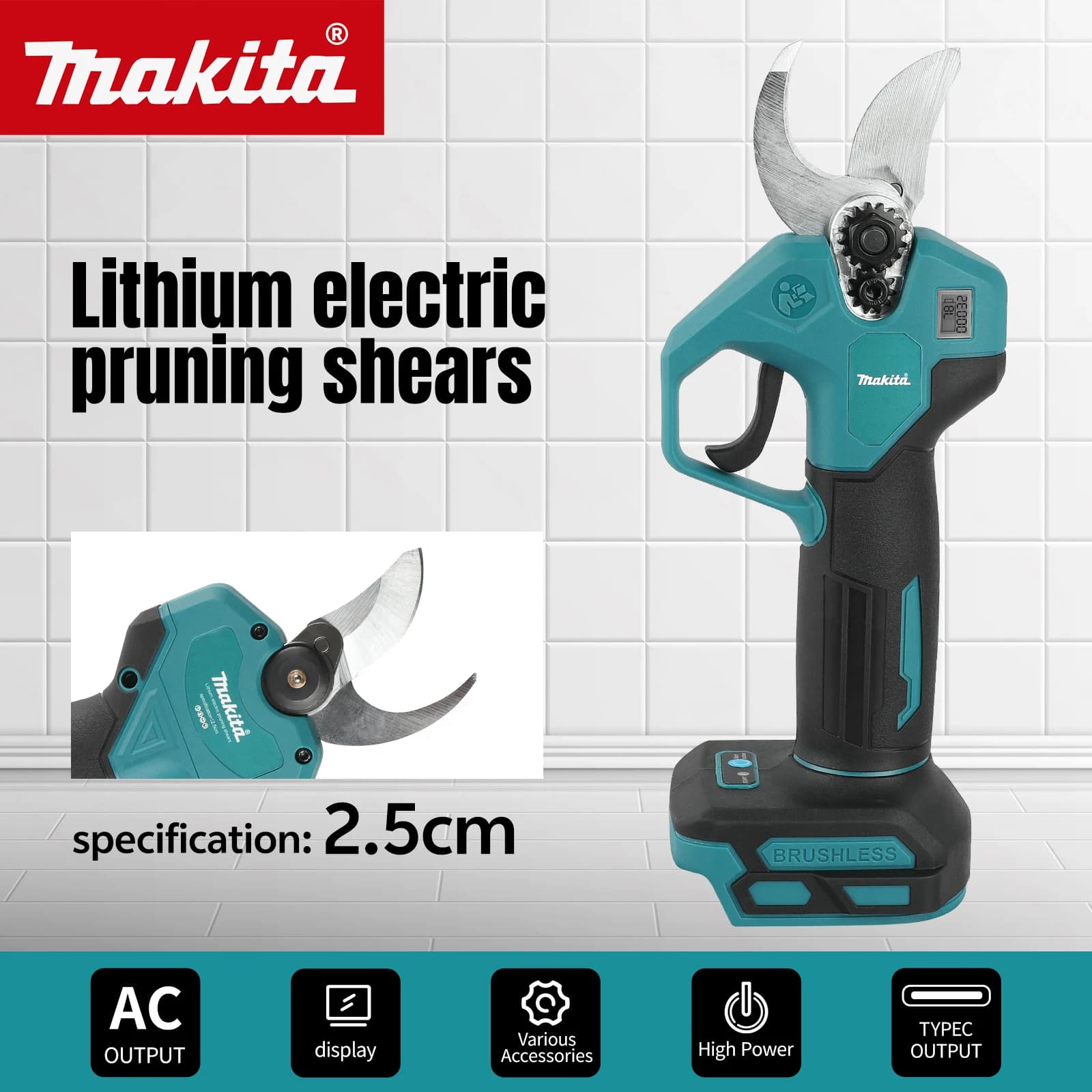 Forbici Elettriche per Potatura Makita 1500W MPP569 Senza Spazzole, Diametro di Taglio 25mm, con Display LED, Attrezzo da Giardino per Batteria Makita 18V