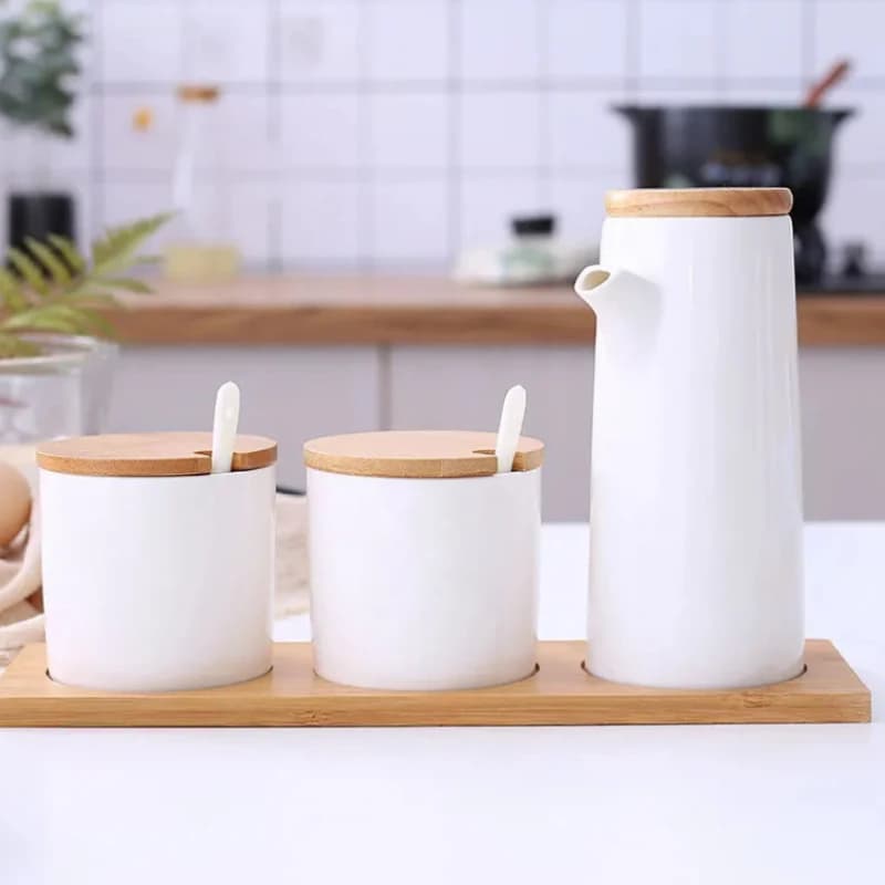 Set di bottiglie di condimento per uso domestico a prova di perdite: include salsa di soia, bottiglie di aceto e saleiera con coperchio