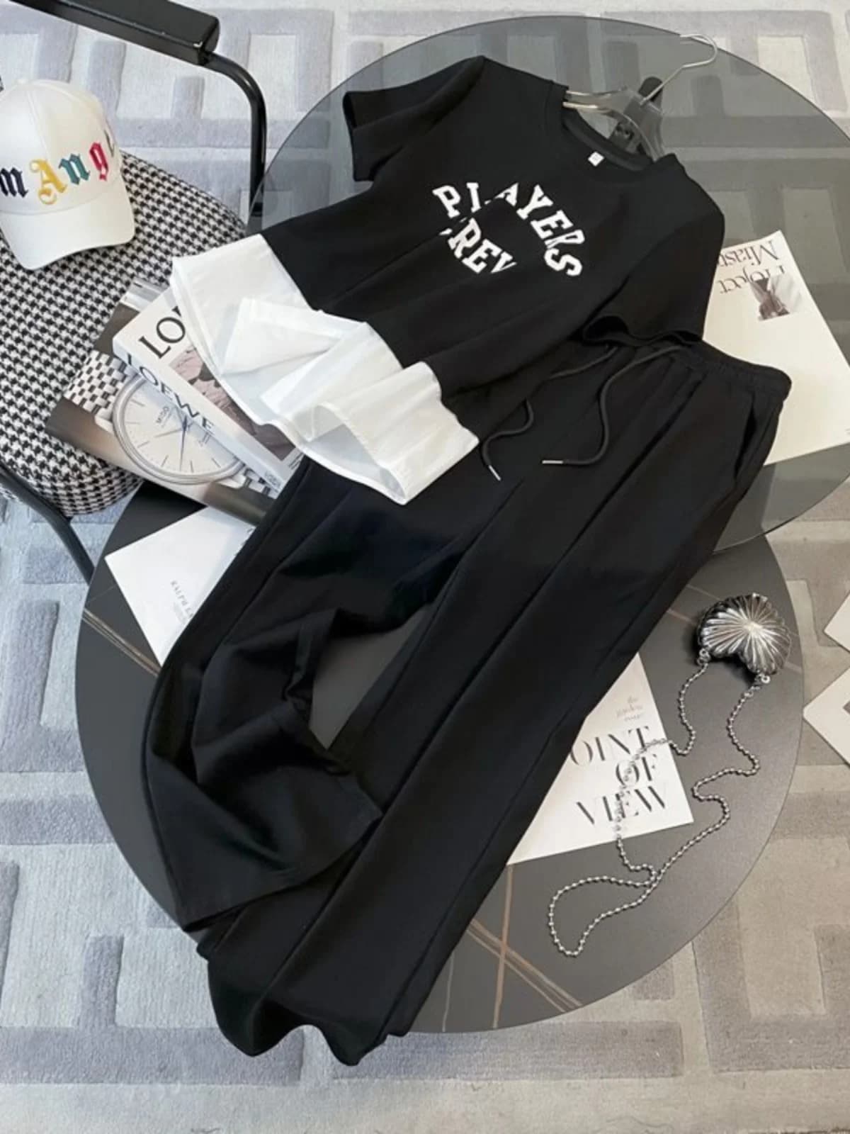 Summer 2026 Large Size Color Block Lettering Sportswear Set Women's Loose Fashionable High End Two Piece Outfit Casual Set