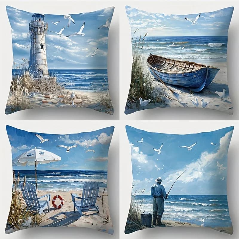 Set of 4 Beach Coastal Pillow Covers Nautical Decor Lighthouse Ocean Seascape Throw Cushions Summer Vacation Aesthetic Home