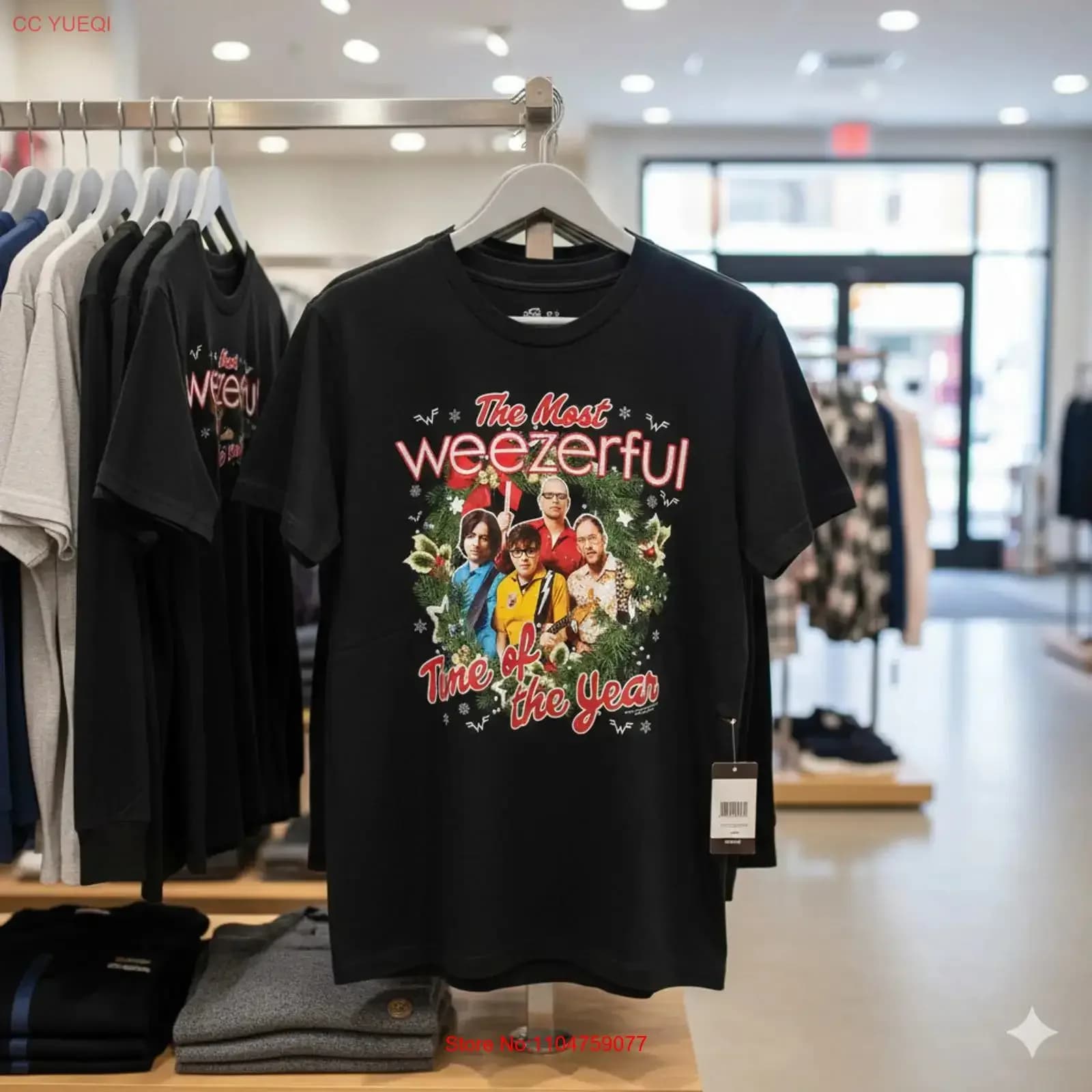 Maglietta natalizia Weezer nera, modello T828 vintage, effetto lavato, morbida, leggermente elasticizzata, streetwear casual unisex.