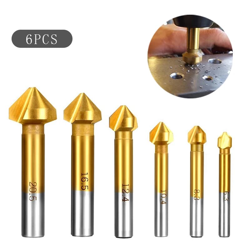 6.3-20.5MM 6 pezzi titanio codolo rotondo 3 flauto 90 gradi HSS smusso smussatura taglierina fresa strumento svasatore set di punte da trapano