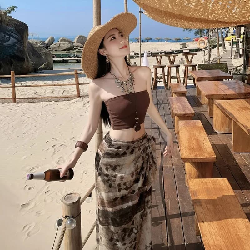 Thailand Sanya Sexy Swimsuit Women's Beach Vacation Summer Strapless Top Tie Dye Slit Tie Irregular Half Skirt Three Piece Set