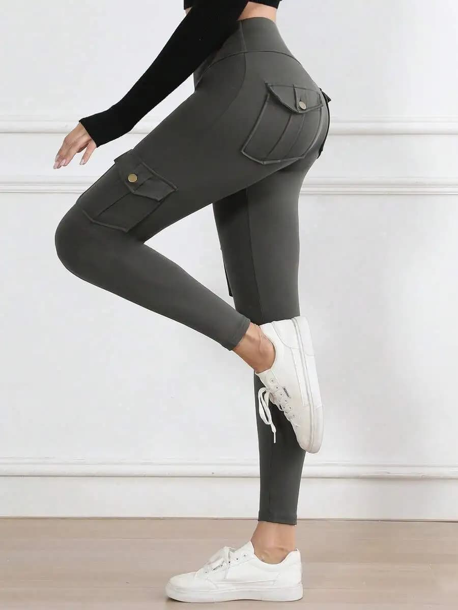 Women Solid Color Cargo Pocket Yoga Leggings High Waist Sport Tight
