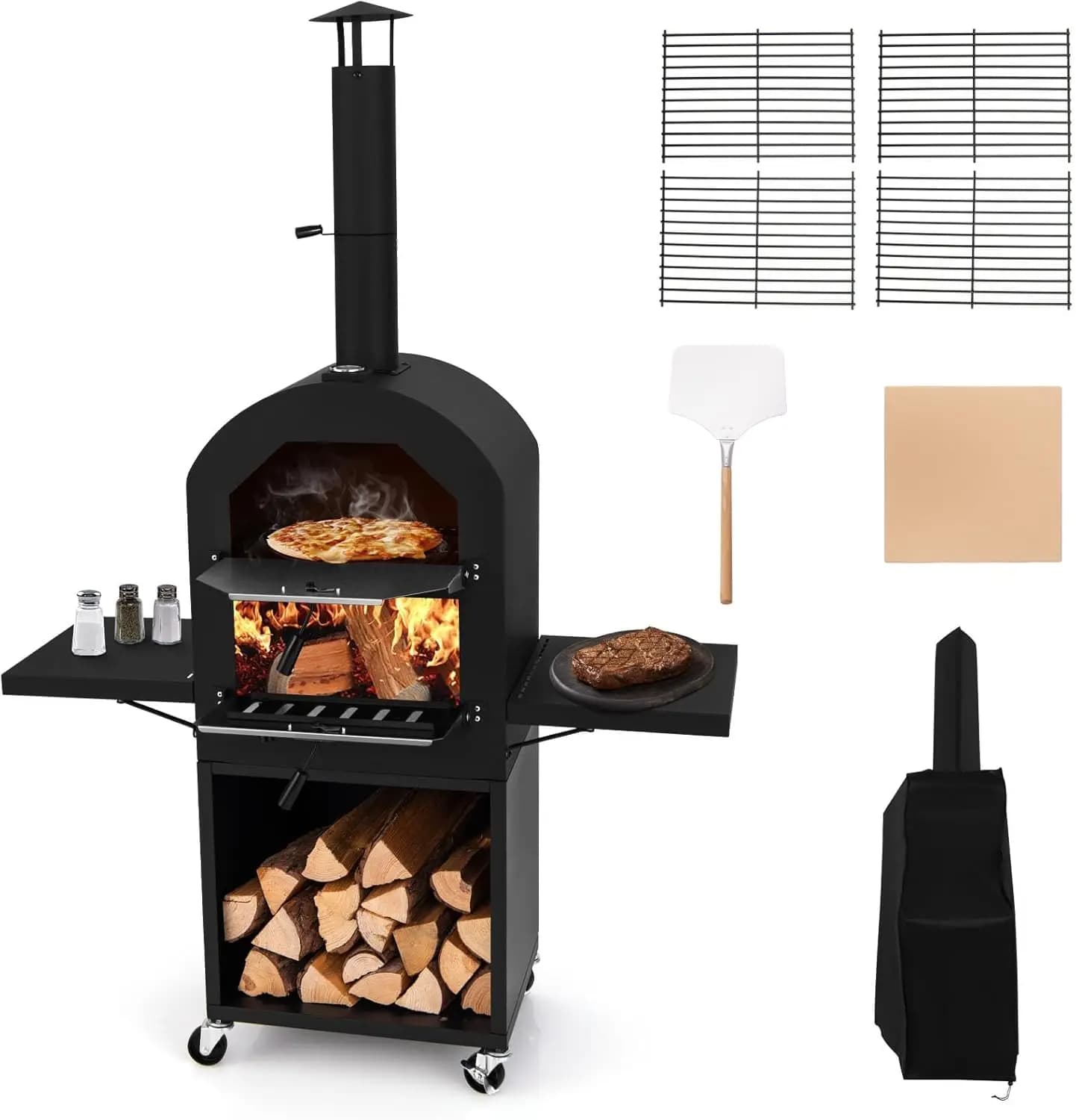 Forno per Pizza a Legna da Esterno con Ripiani Laterali per Legna da Ardere, Forno per Pizza da Patio con Pietra Refrattaria, Pala per Pizza e 2 Griglie di Cottura