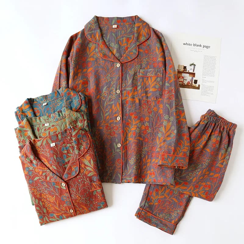 2026 New Spring and Summer Women's Pajamas Suit Long-sleeved Trousers Two-piece 100% Cotton Crepe Flower Leaves Home Clothes