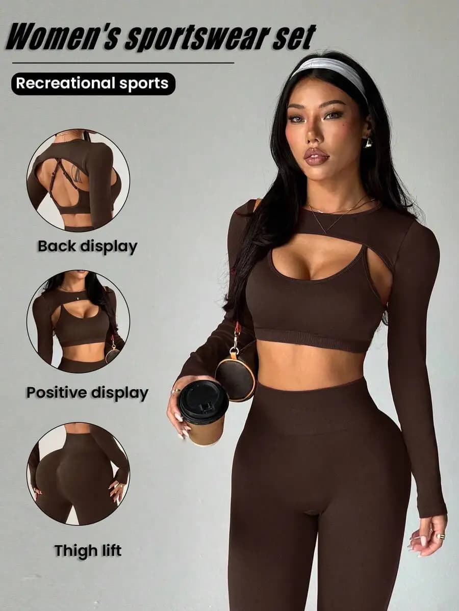 Completo sportivo da donna a maniche lunghe in tinta unita con top con taglio sagomato e leggings a vita alta